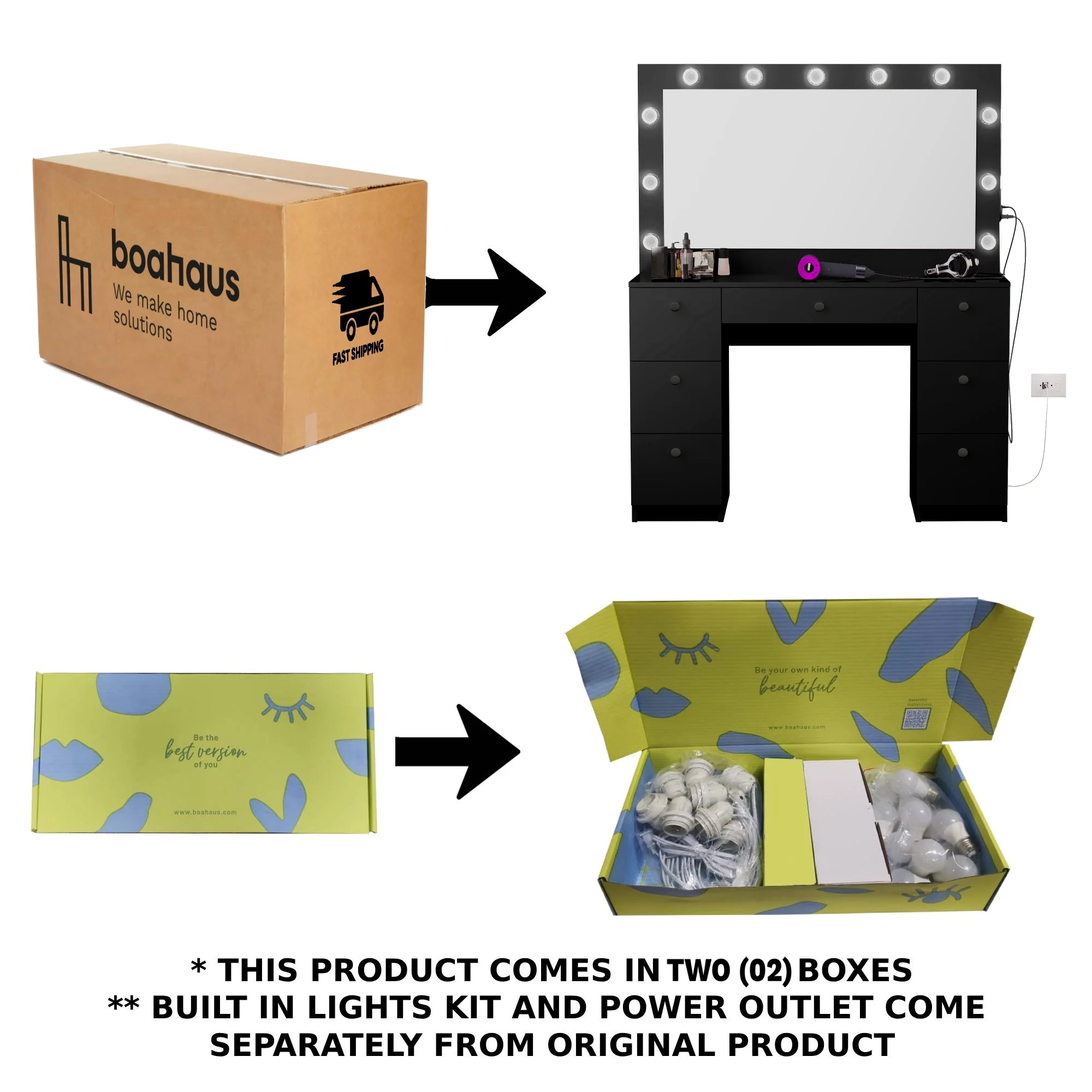 Ember Interiors Tammy Modern Black Painted Vanity Table, Lights, for Bedroom