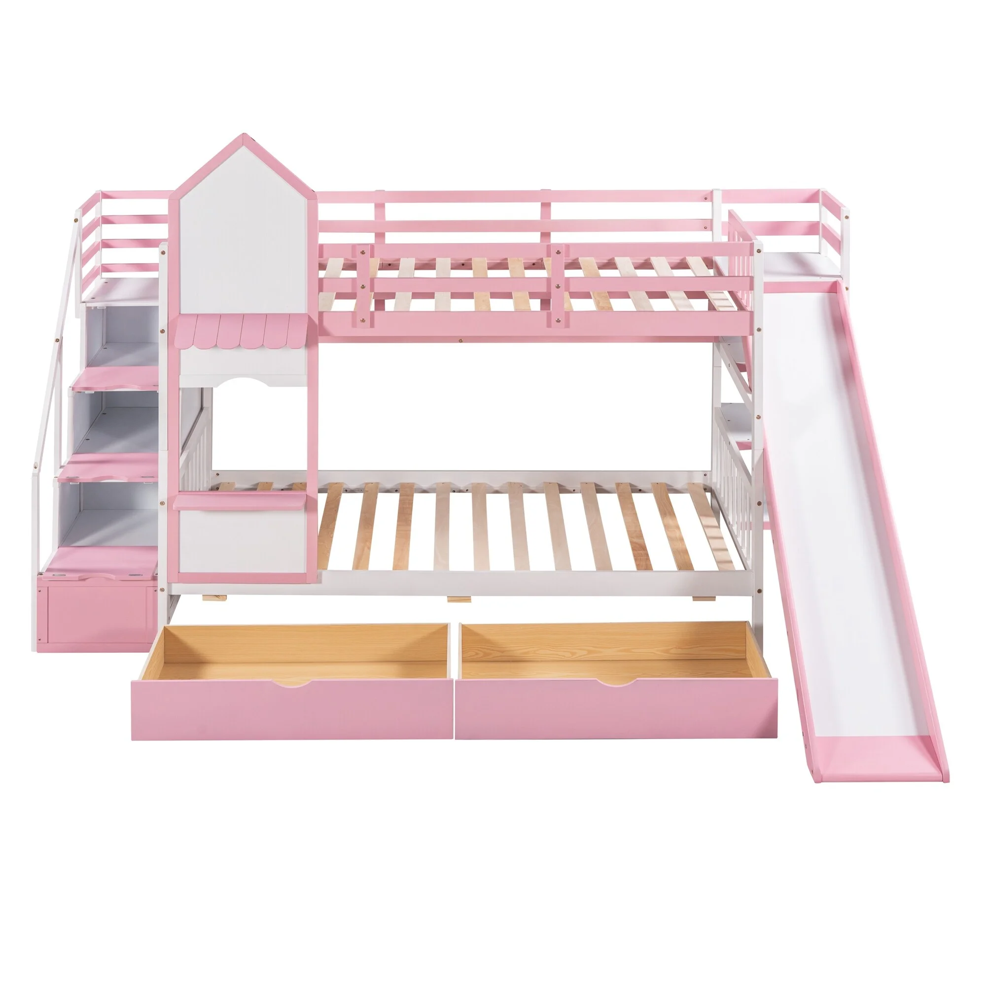 Twin Castle Style Bunk Bed with 2 Drawers, 3 Shelves and Slide, Pink