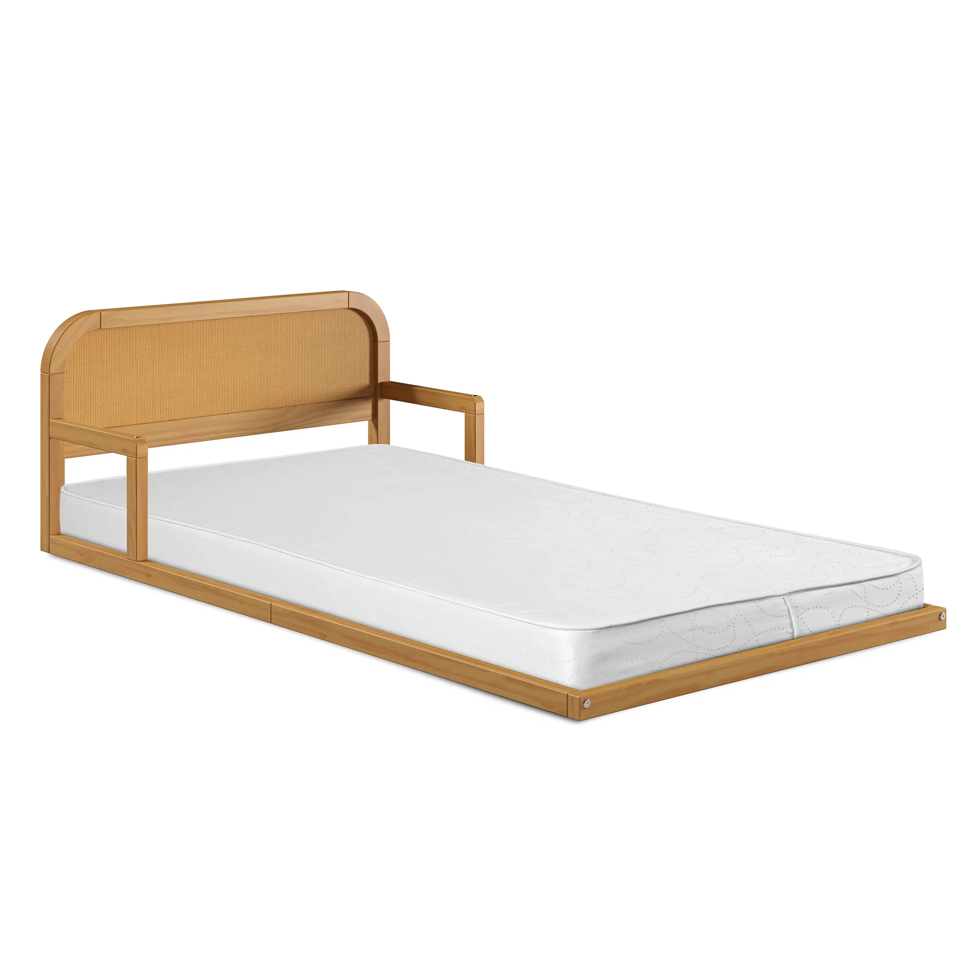 P’kolino Curva Rattan Kids Twin Floor Bed Frame with Headboard- FSC Certified Solid Pine Wood- Natural
