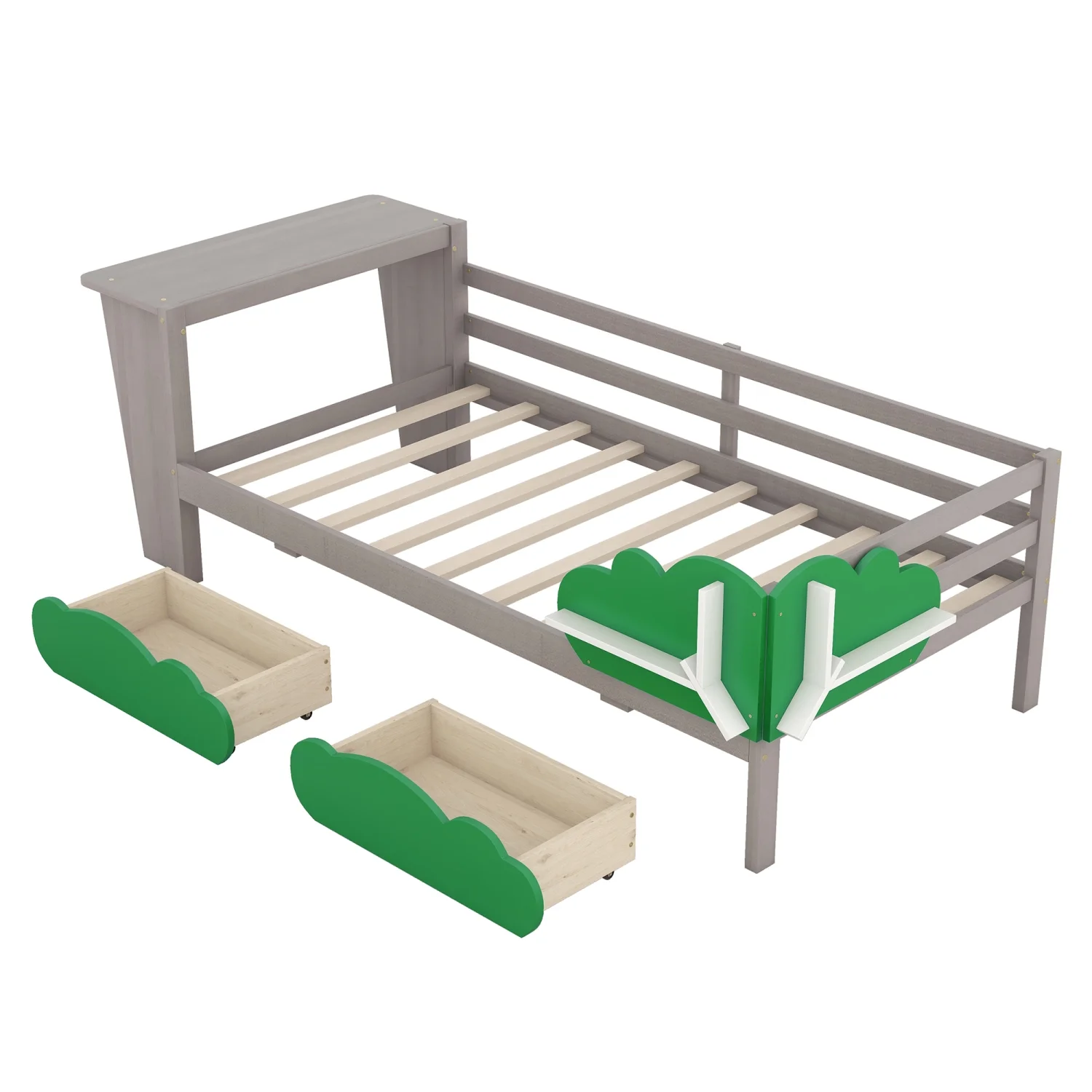 Churanty Twin Size Daybed with Storage Drawers and Desk,Wood Twin Bed Frame with Green Leaf Shape Shelves for Kids Bedroom,Gray