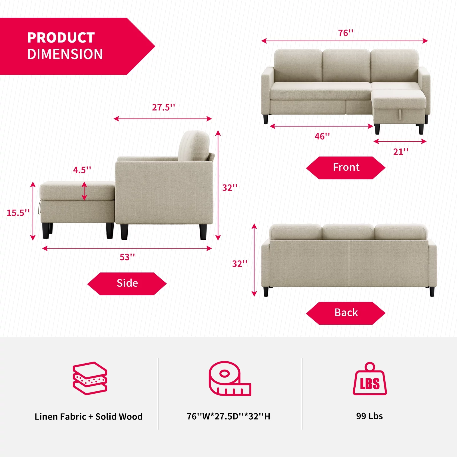 MUZZ Sectional Sofa with Movable Ottoman, Free Combination Sectional Couch, Small L Shaped Sectional Sofa with Storage Ottoman,Linen Fabric Wood Frame Sofa Set for Living Room (Beige)