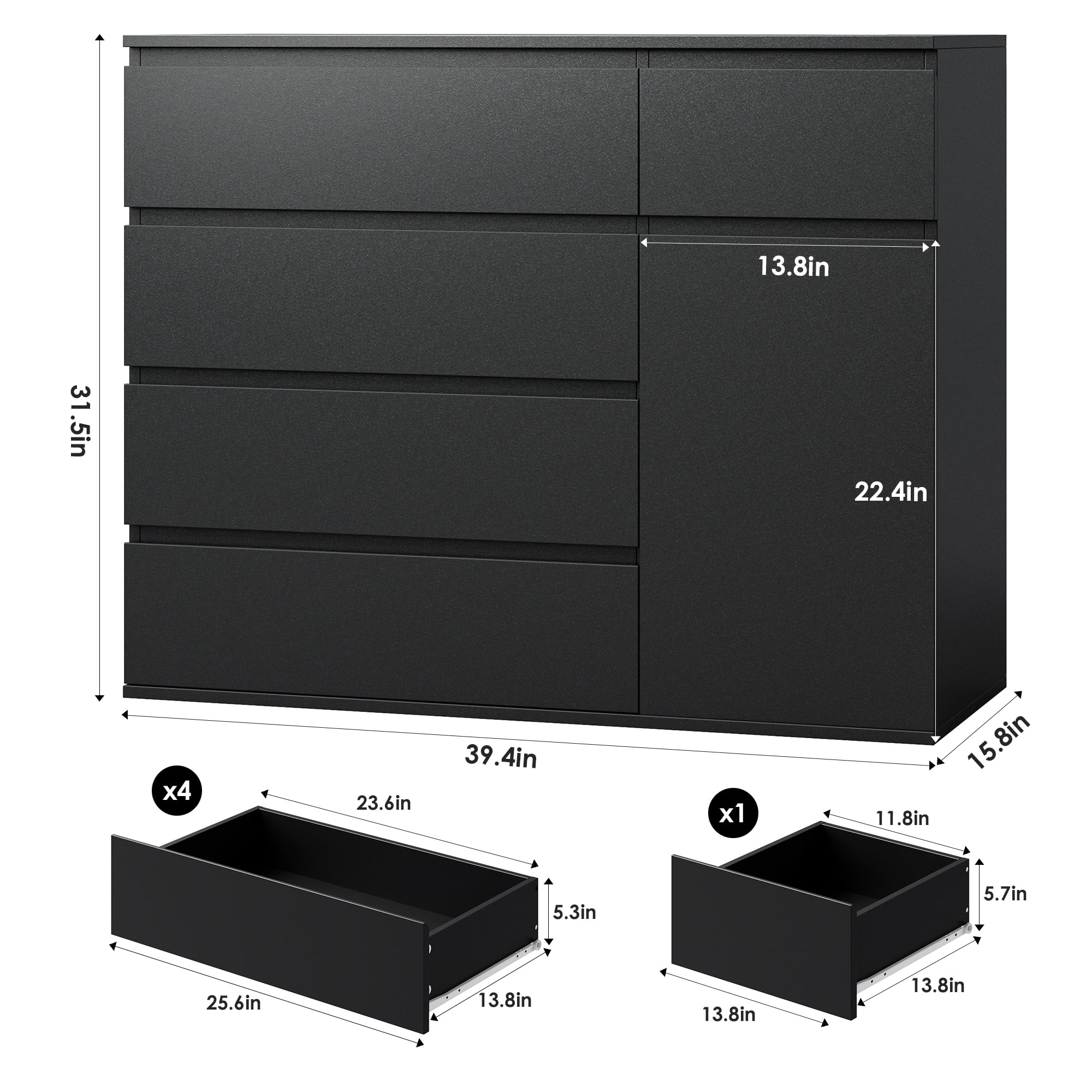 Homfa 5 Drawer Dresser with Door, Modern Accent Storage Cabinet Chest of Drawers for Bedroom Living Room, Black