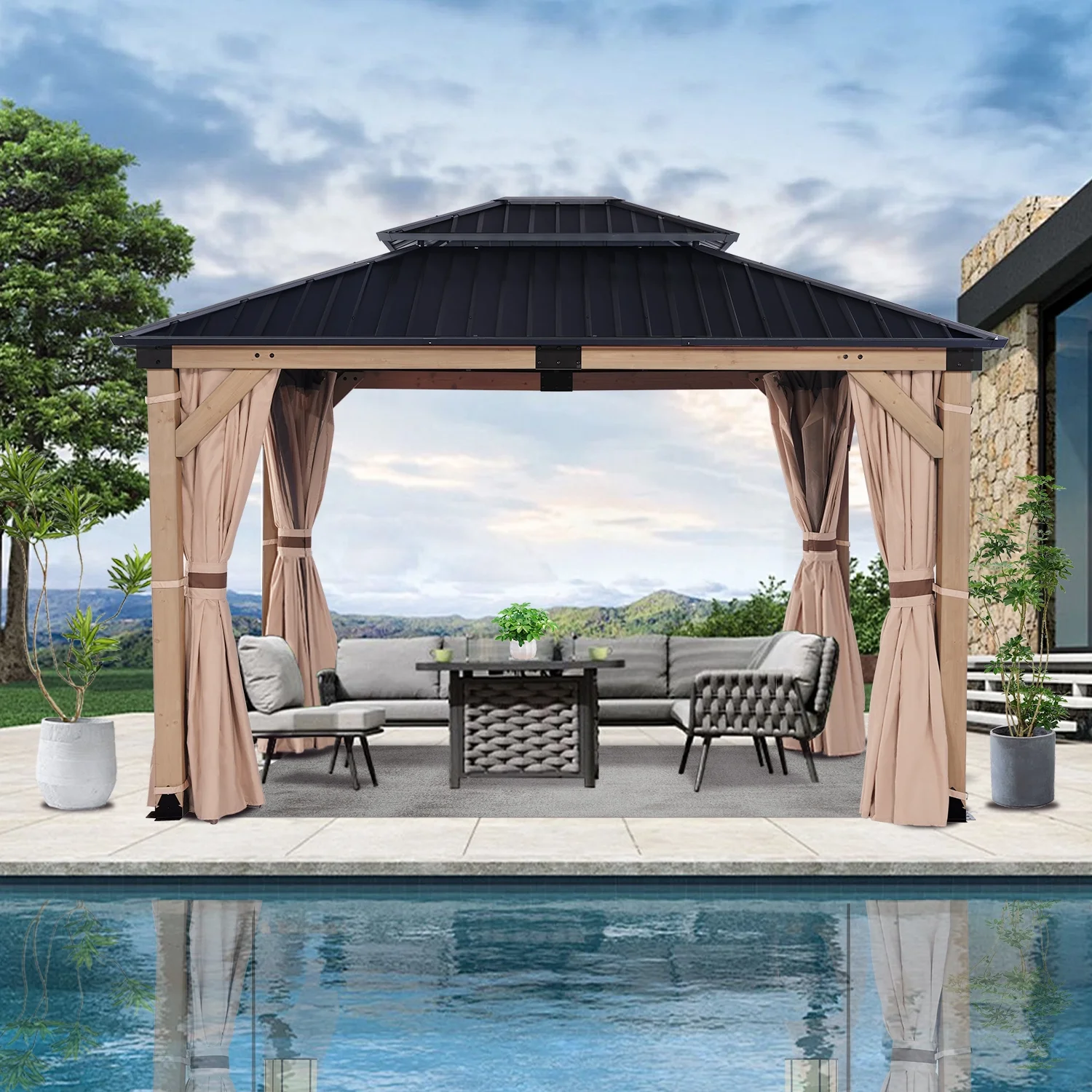 HEAVDUTY Hardtop Wood Gazebo 10x12 ft – Cedar Wood Frame Gazebo with Double Metal Roof – Patio Gazebo Kits with Mosquito Netting & Curtains – Outdoor Wooden Gazebos Pavilion for Backyard and Deck