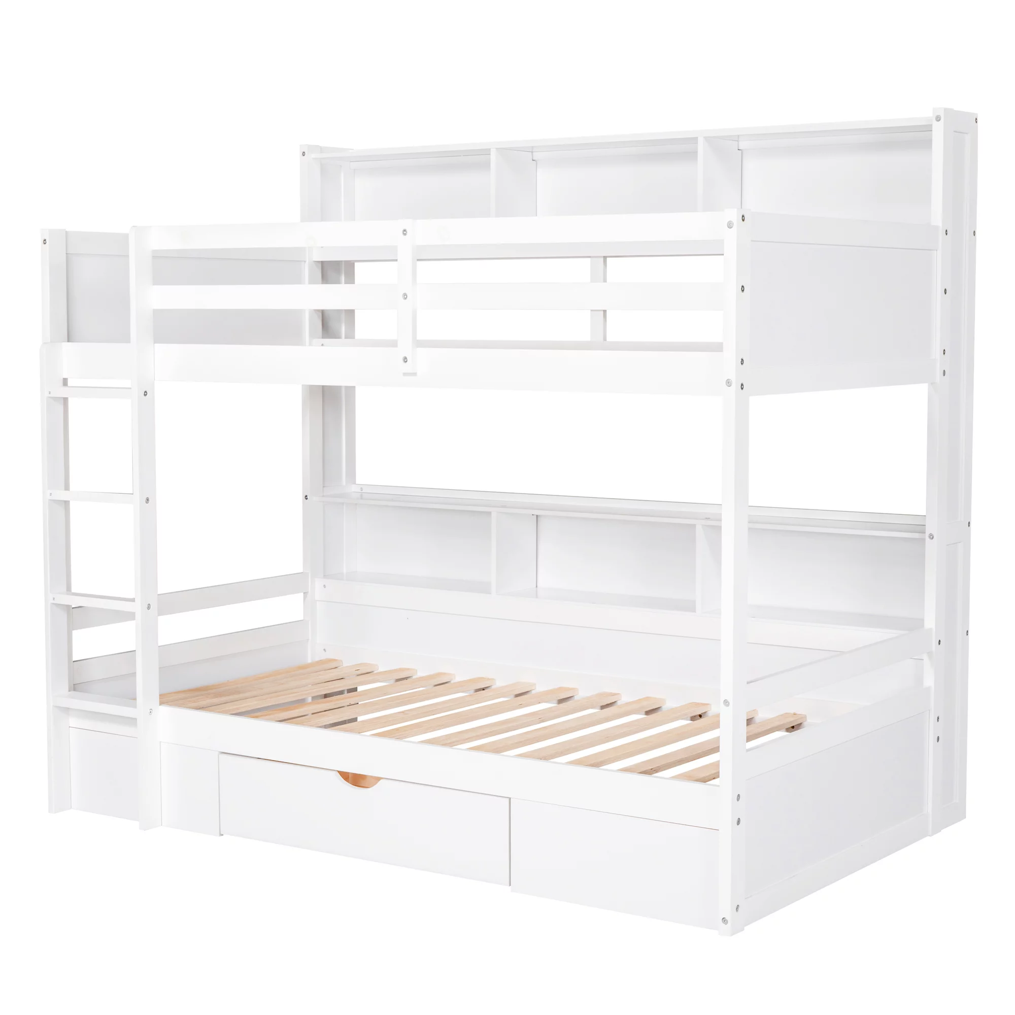 iRerts Twin Over Twin Bunk Bed with Storage Drawer, Wood Twin Bunk Bed with Built-in Shelves Beside Both Upper and Down Bed, Bunk Bed Twin Over Twin for Kids Teens Bedroom, No Box Spring Needed, White