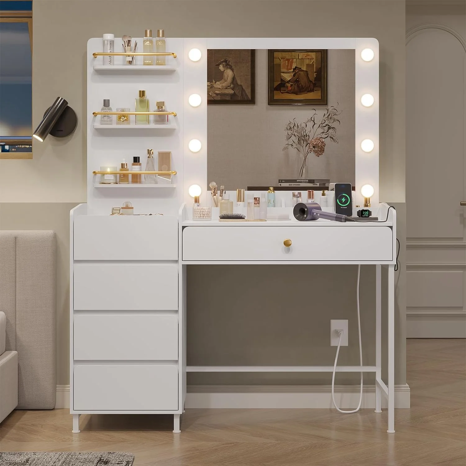 Afuhokles Vanity Desk with Lighted Mirror and Charging Station, Makeup Vanity Table with 5 Drawers, Visual Drawer, White