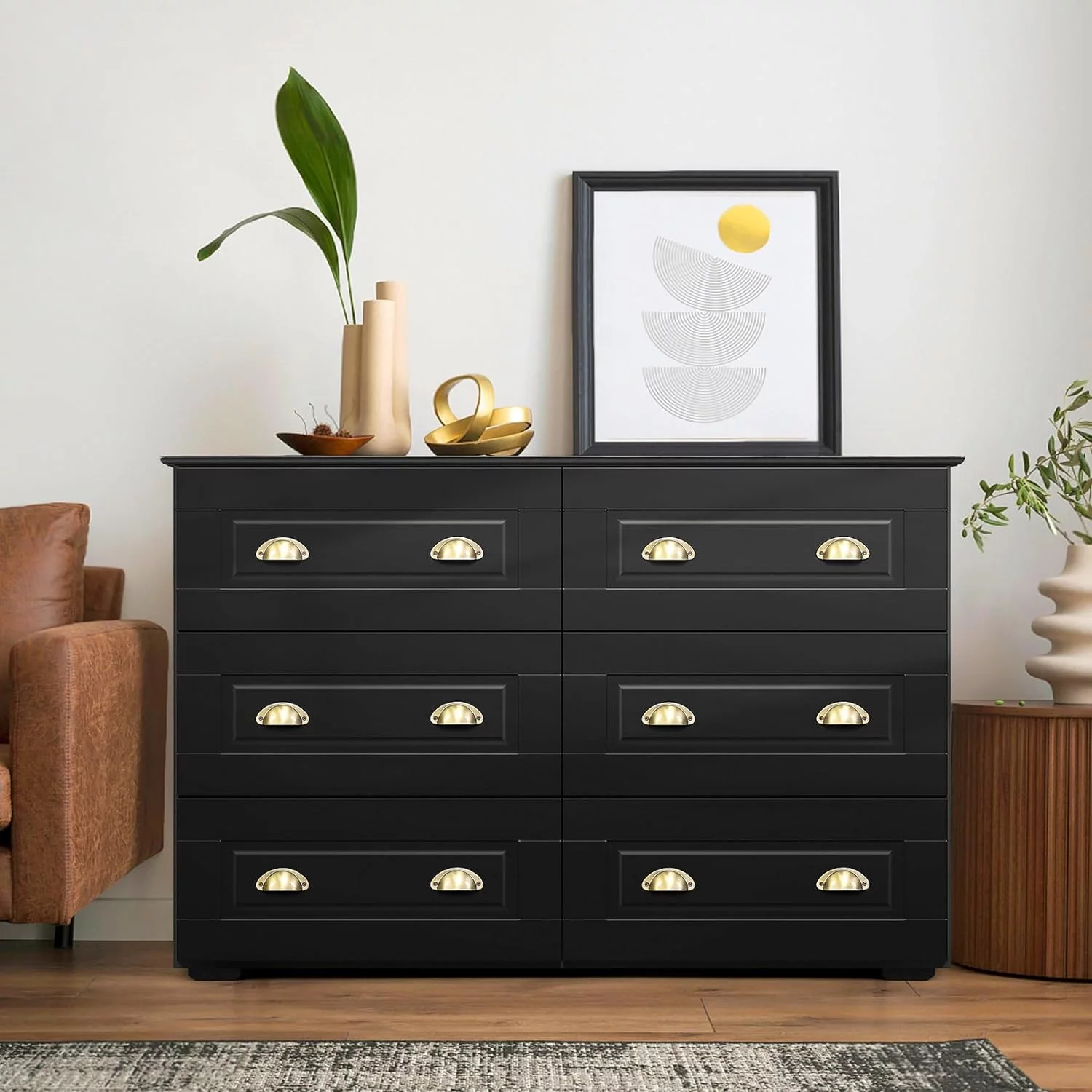 SEJOV 6 Drawer Double Dresser, Vintage Chest of Drawers with Shell Handle for Bedroom, Wooden Dresser for Clothes Storage and Organizer, TV Stand Cabinet for Living Room Hallway Entryway, Black