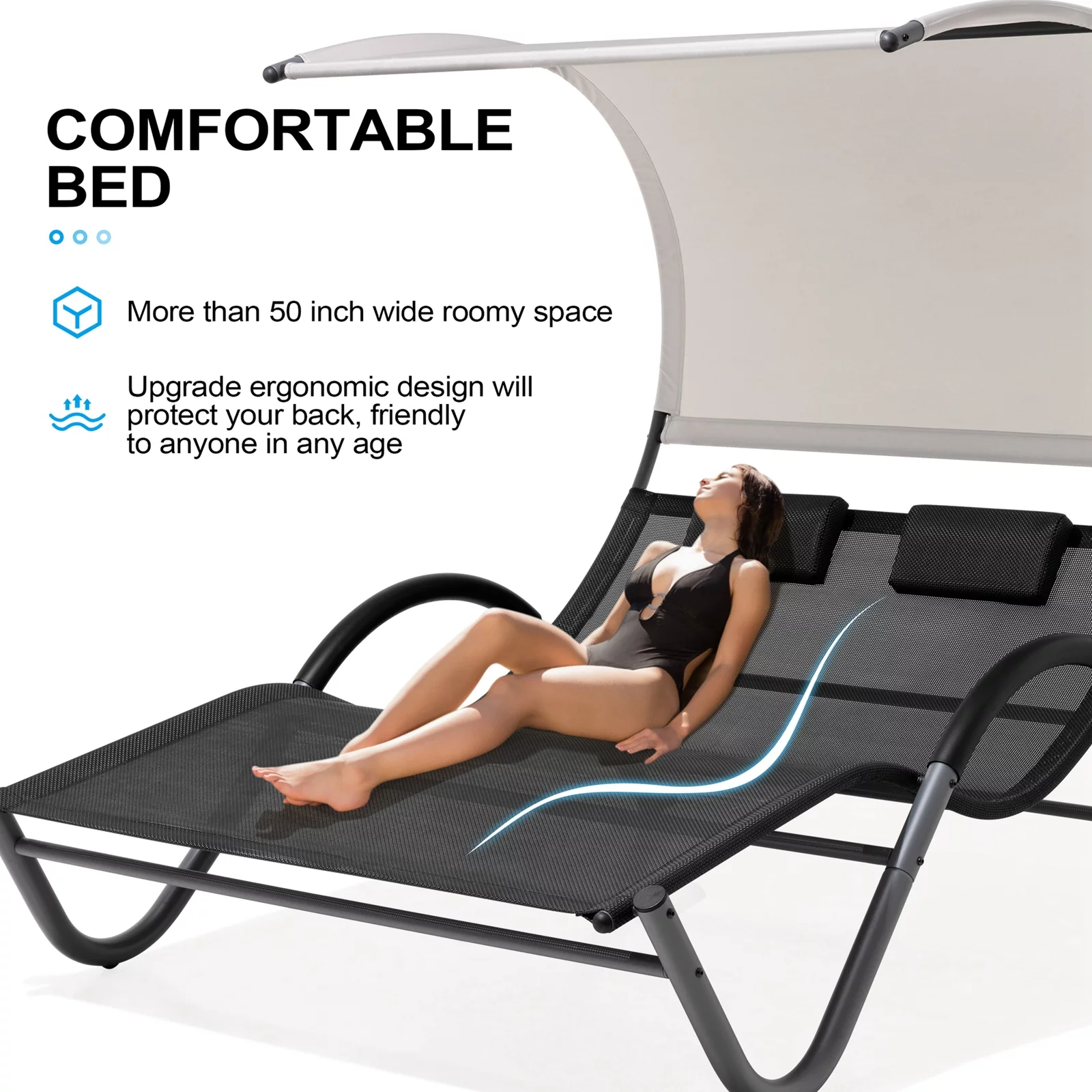 Pellebant Outdoor Double Chaise Lounge with Shade Patio Metal Rocking Chair in Gray