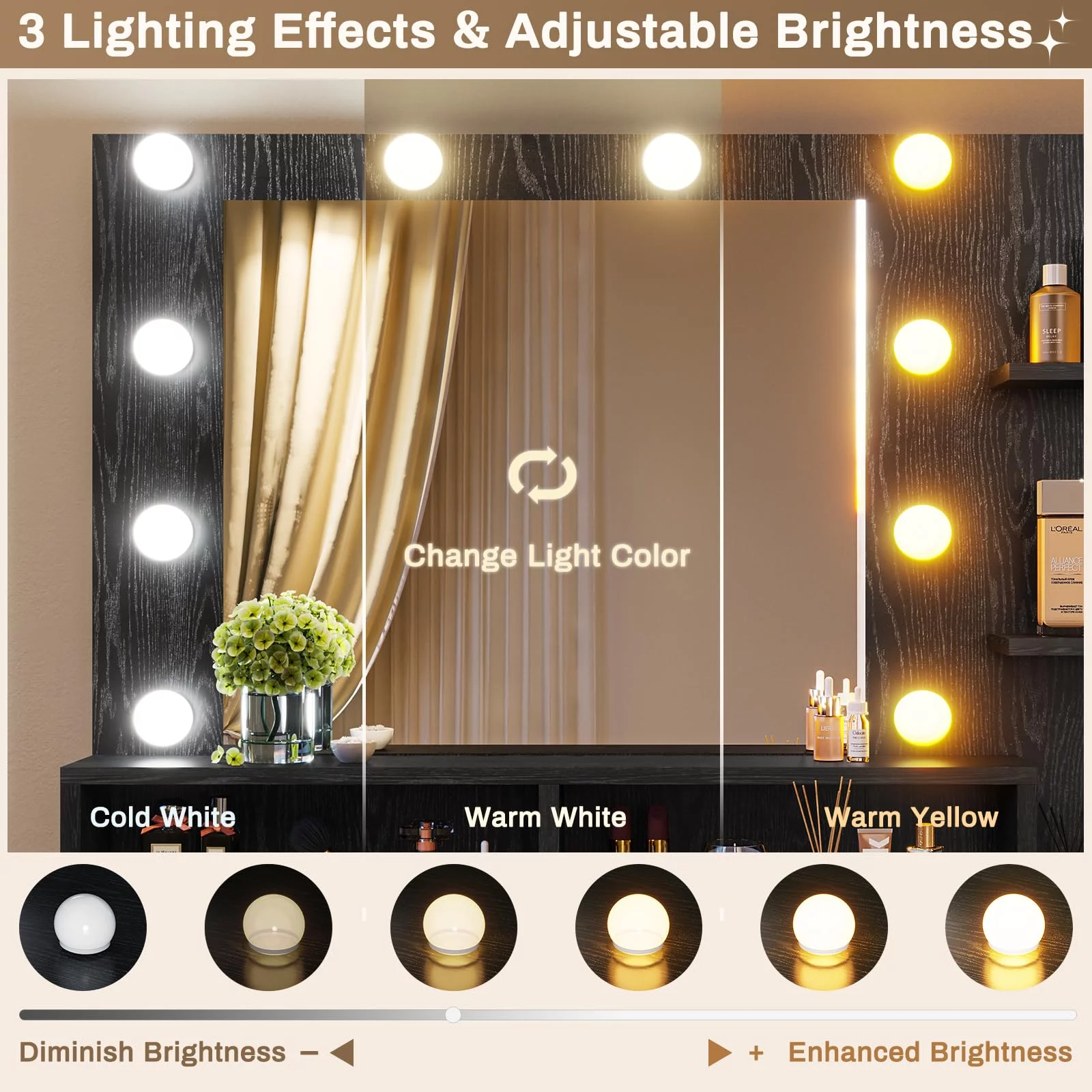 Makeup Vanity with 10 Light Bulbs, Modern Vanity Desk with Mirror and 3 Lighting Modes, Vanity Table with 2 USB Ports and Outlets, Black