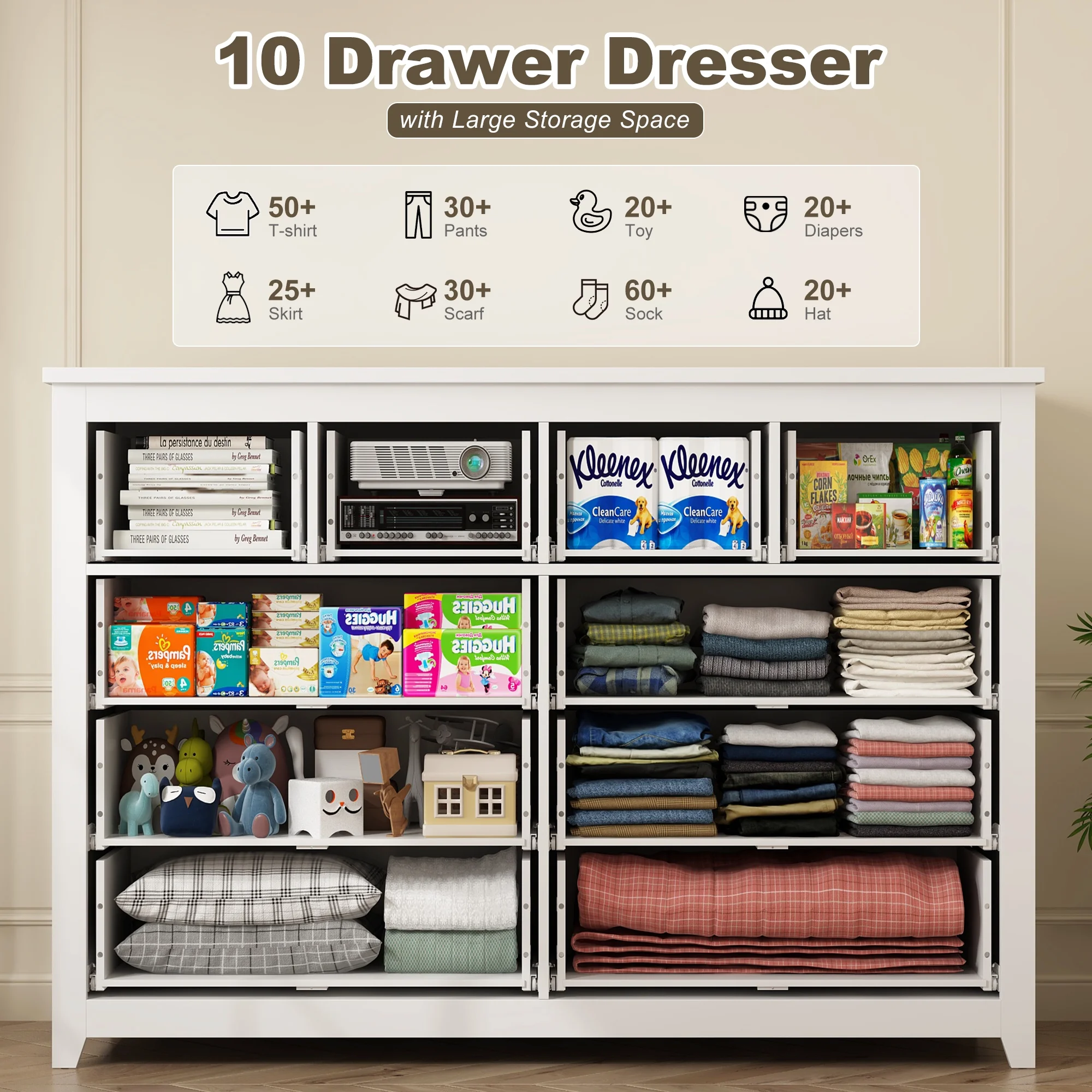 EnHomee White Dresser for Bedroom Wood Dresser with  10 Deep Drawers Modern Wood Dressers & Chests of Drawers Wide Dresser with Smooth Metal Rail, Wooden Dressers for Bedroom , White