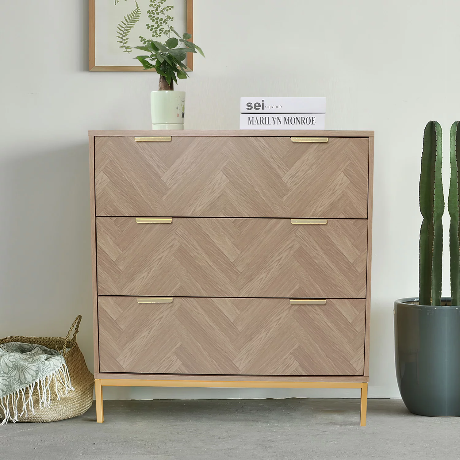 Eumyviv 3 Drawer Dresser, Oak Dresser Chest of Drawers Nightstand Storage Dresser for Living Room Bedroom Hallway, Oak H0037