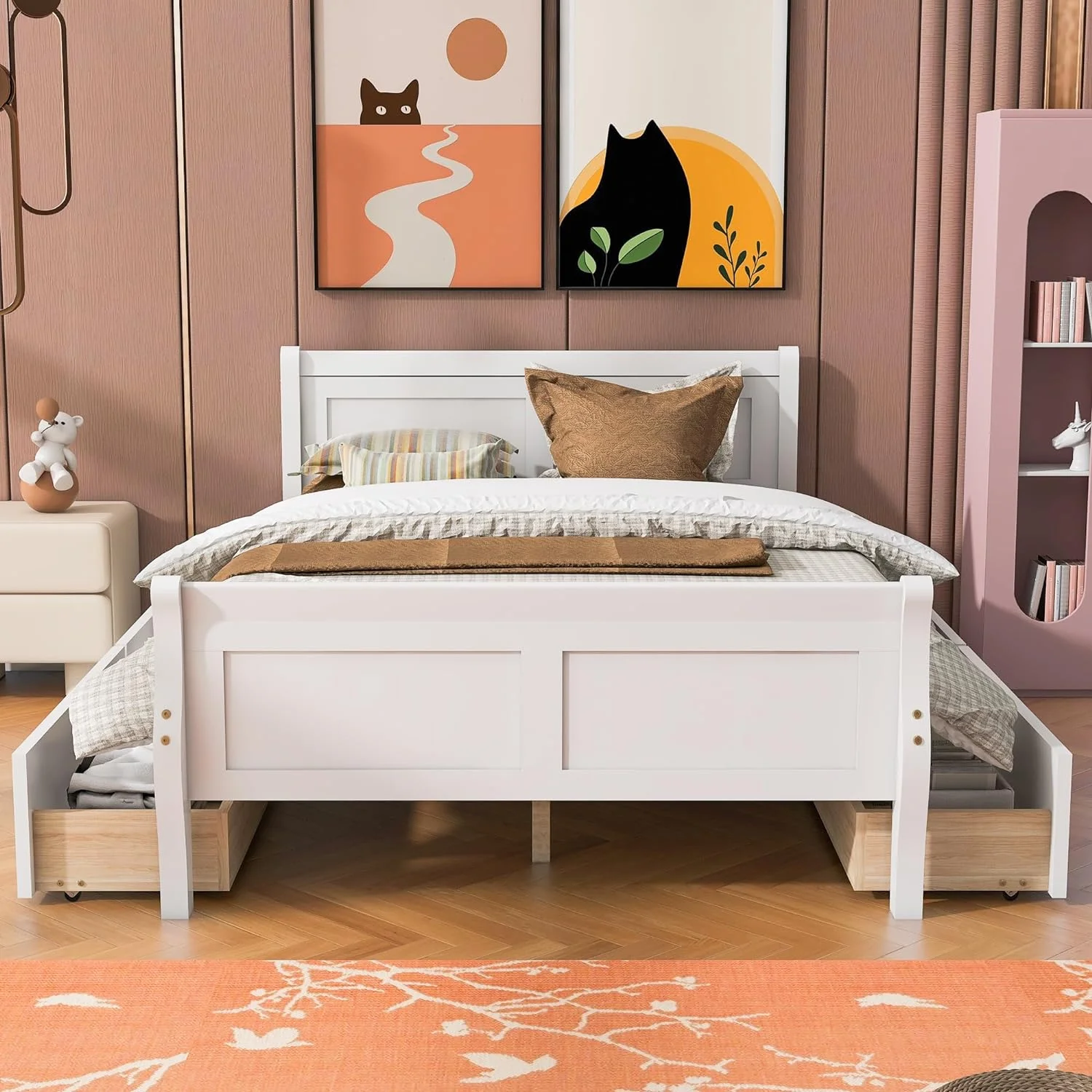 Full Size Platform Bed with 4 Drawers and Streamlined Headboard & Footboard, Solid Wood Bed Frame for Kids Teens Adults