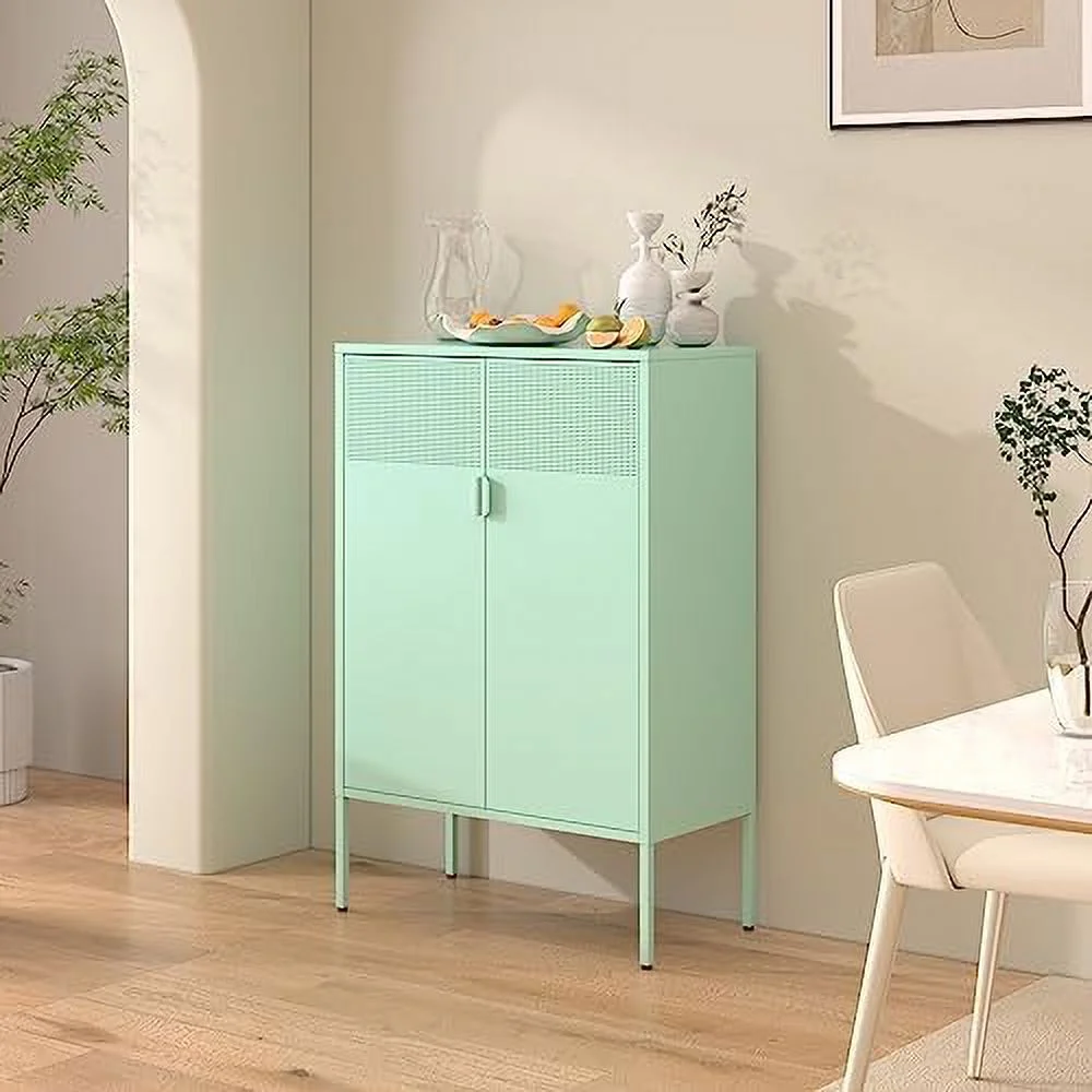 HBBOOMLIFE Metal Locker  Cabinet with Mesh Door & Adjustable Shelves Metal Sideboard Bathroom  Cabinet Metal Dresser Steel Cabinet for Home Office Kitchen (Mint Green)