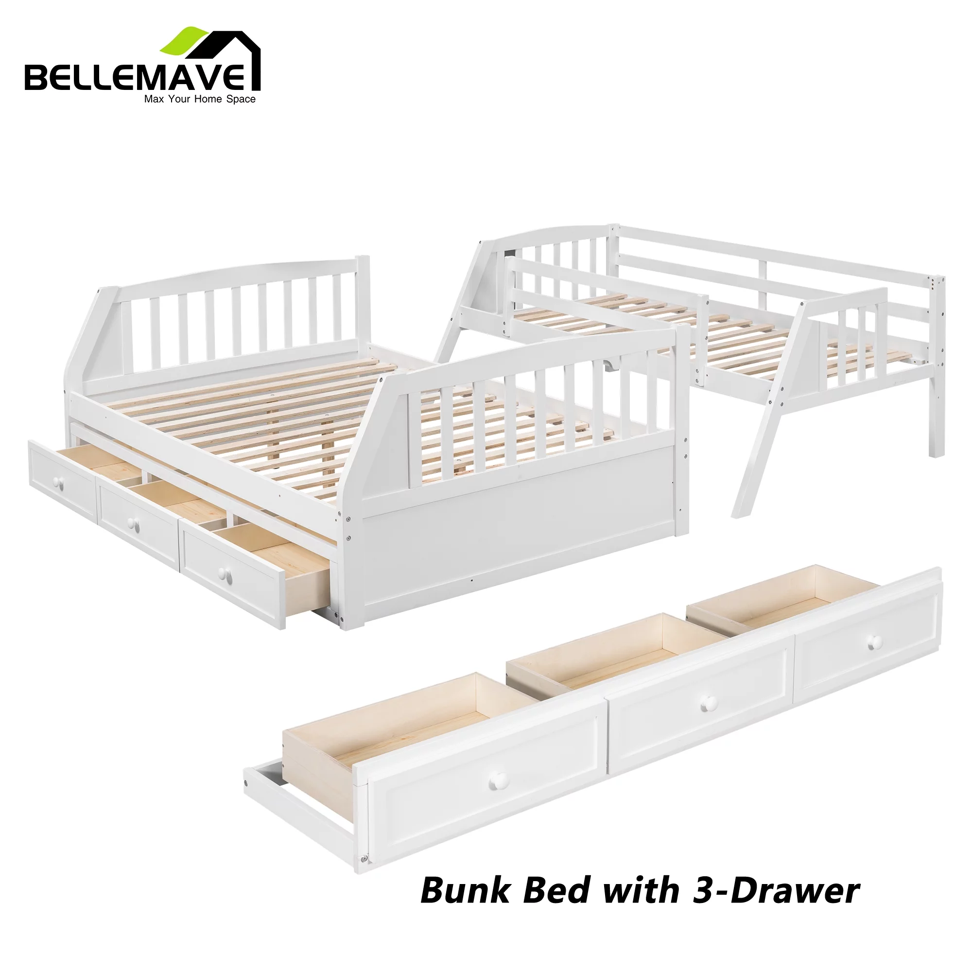 BELLEMAVE Twin over Full Bunk Bed with there drawer, bulid in ladder and storage stairs, Convertible into 2 beds, Kids bunk bed /Wood Bunk Bed for Kids, Teens(White)