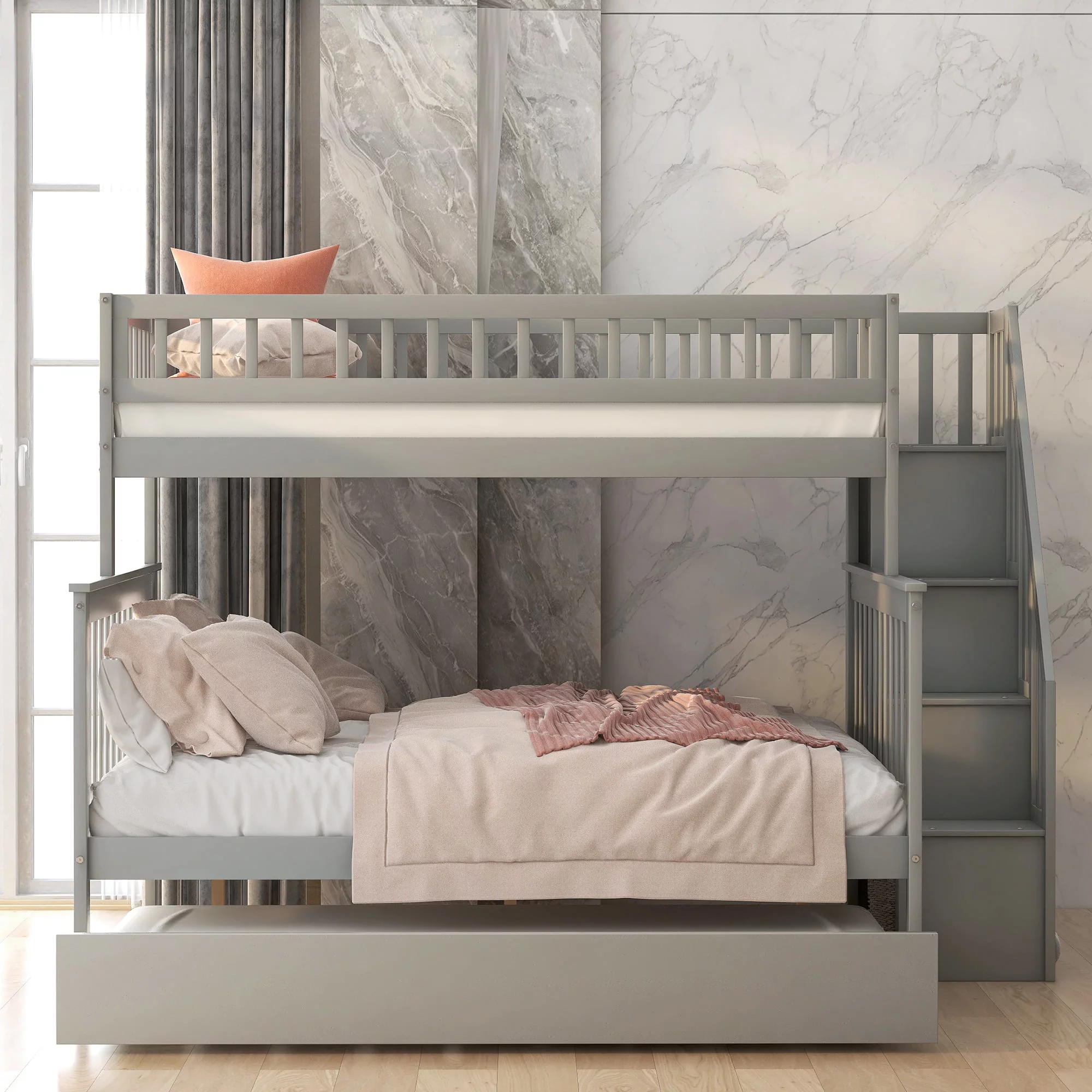 Leadzm Twin over Full Bunk Bed with Trundle and Staircase,Gray