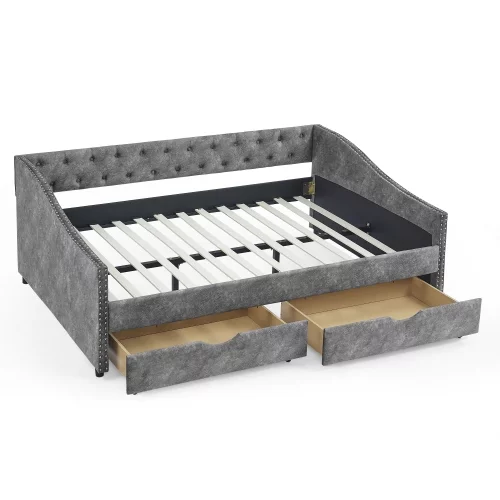 Motent Full Size Daybed with Drawers Upholstered Tufted Sofa Bed, with Button on Back and Copper Nail on Waved Shape Arms,Grey(80.5”x55.5”x27.5”)