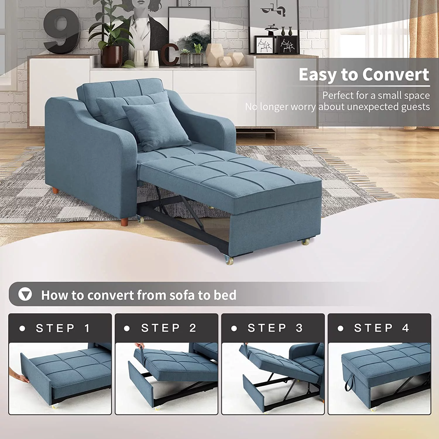 Homrest 3-in-1 Convertible Chair Multi-Functional Sofa Bed Adjustable Recliner(Blue Grey)