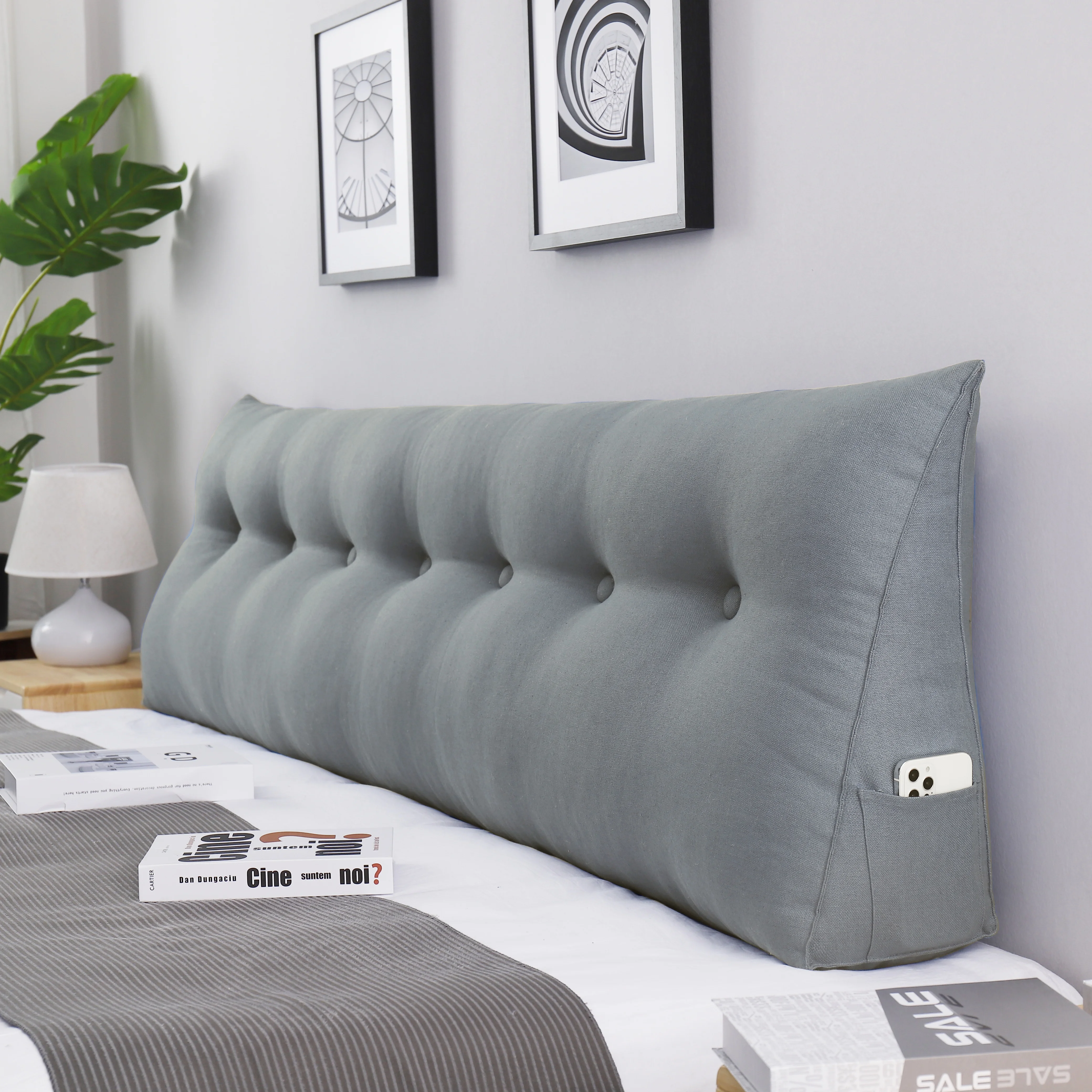 Johnear Large Headboard Reading Pillow Cotton Linen Daybed Cushion Backrest Bolster Pillow Triangular Wedge Support Positioning for Bed Sofa Rest (gray, King)
