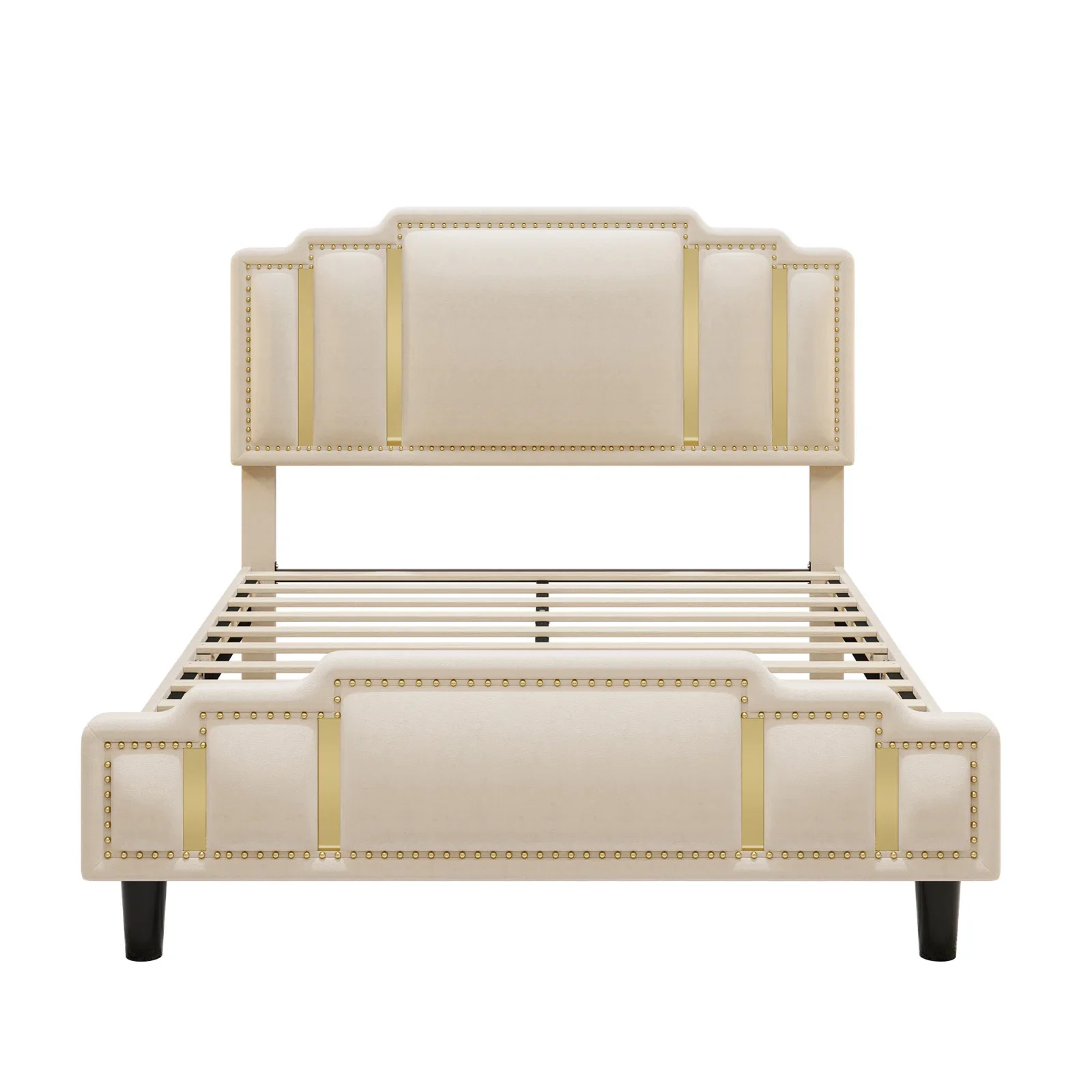 Homfa Full Bed Frame, Luxury Velvet Upholstered Headboard with Golden Iron Sheet & Rivets, Platform Bed with Adjustable Headboard, White
