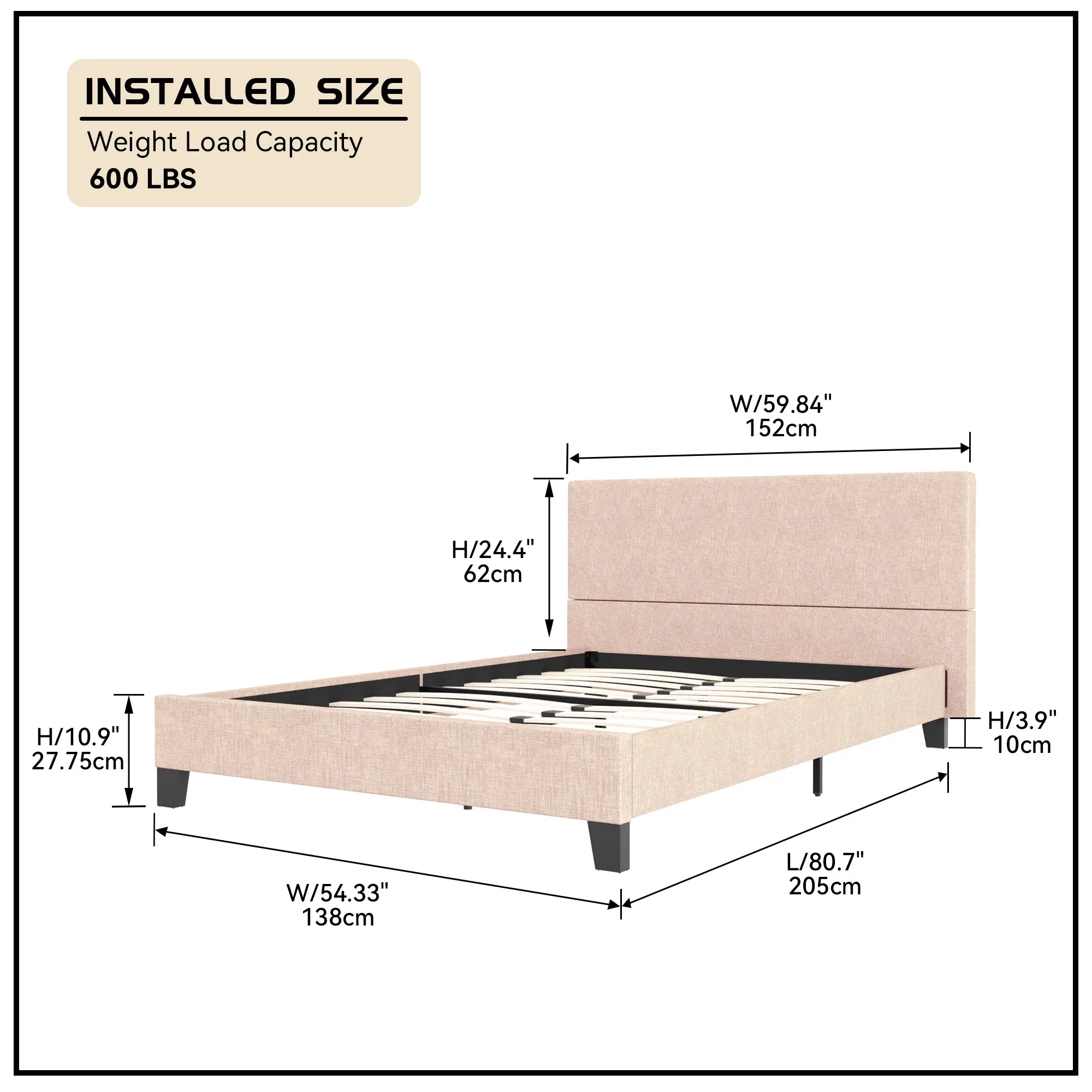 Williamspace Full Size Platform Bed Modern Metal Bed Frame with Fabric Headboard Frame with Wood Slat Support No Box Spring Needed,Beige