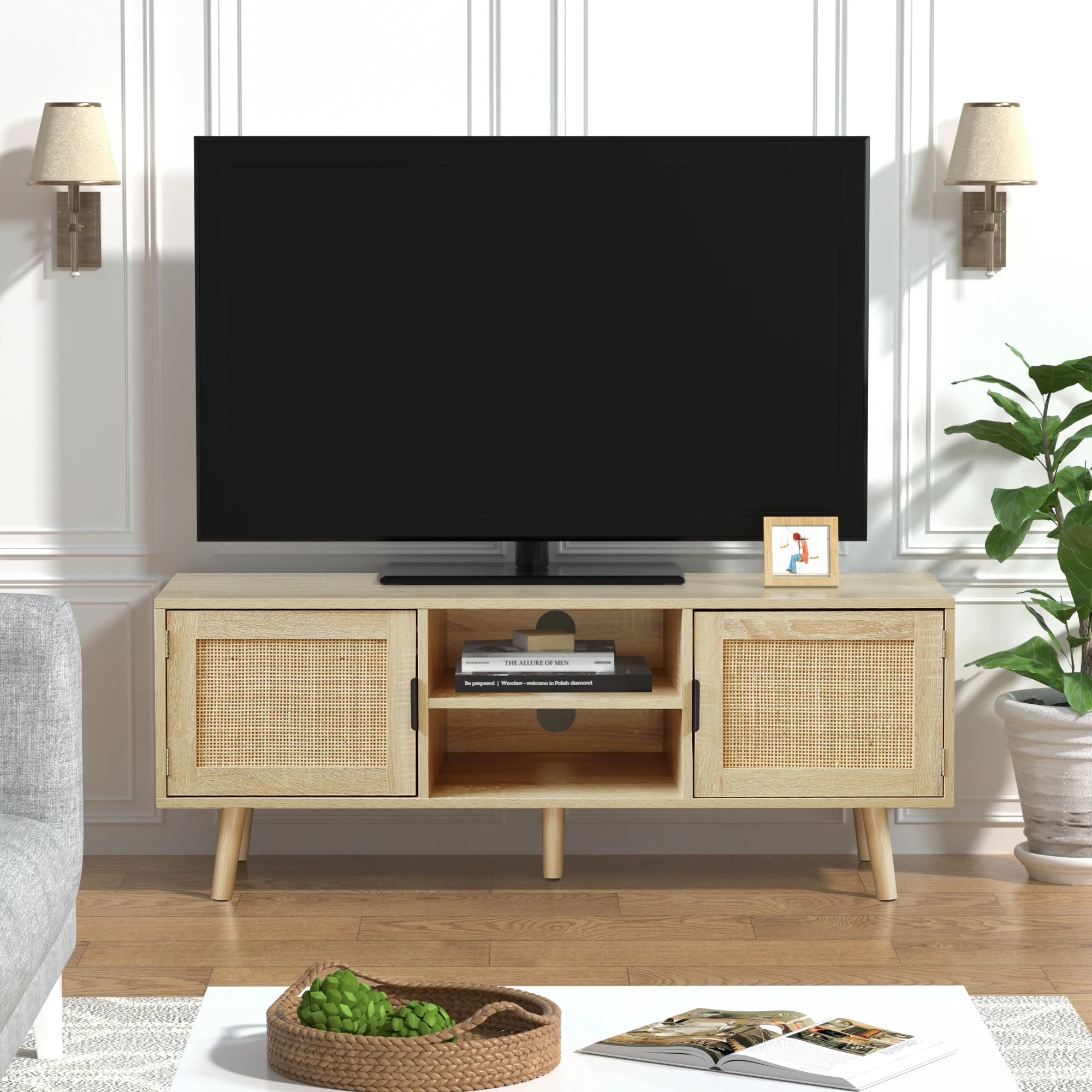 Eumyviv Farmhouse TV Stands for 55 Inch TV,Wood Media Entertainment Center Cabinet Console Table with 2 Rattan Doors, Natural Oak, H0015