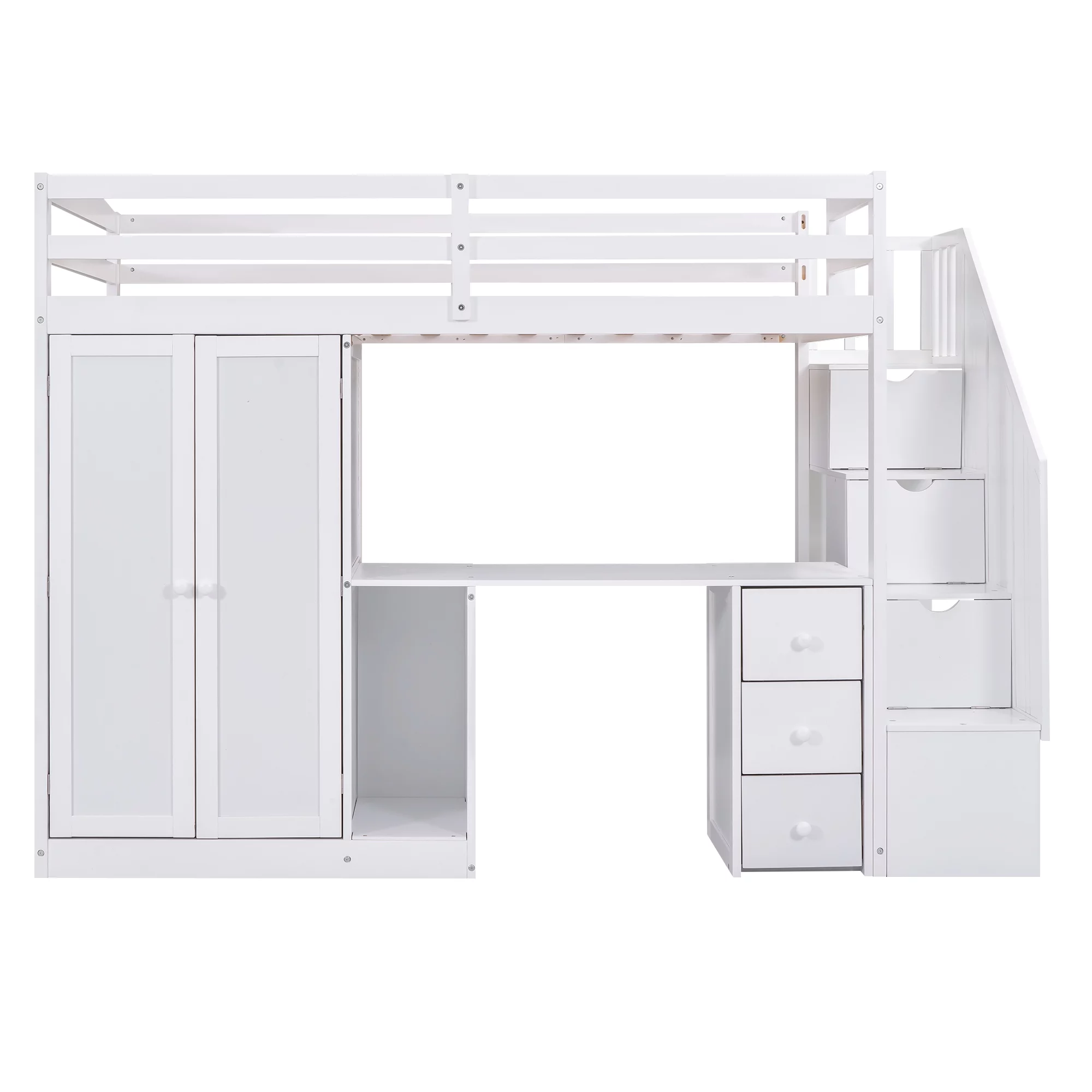 Euroco Twin Size Pine Wood Loft Bed with Desk, Drawers and Wardrobe for Kids Room, Storage Staircase, Sapce-Saving Shelf, White
