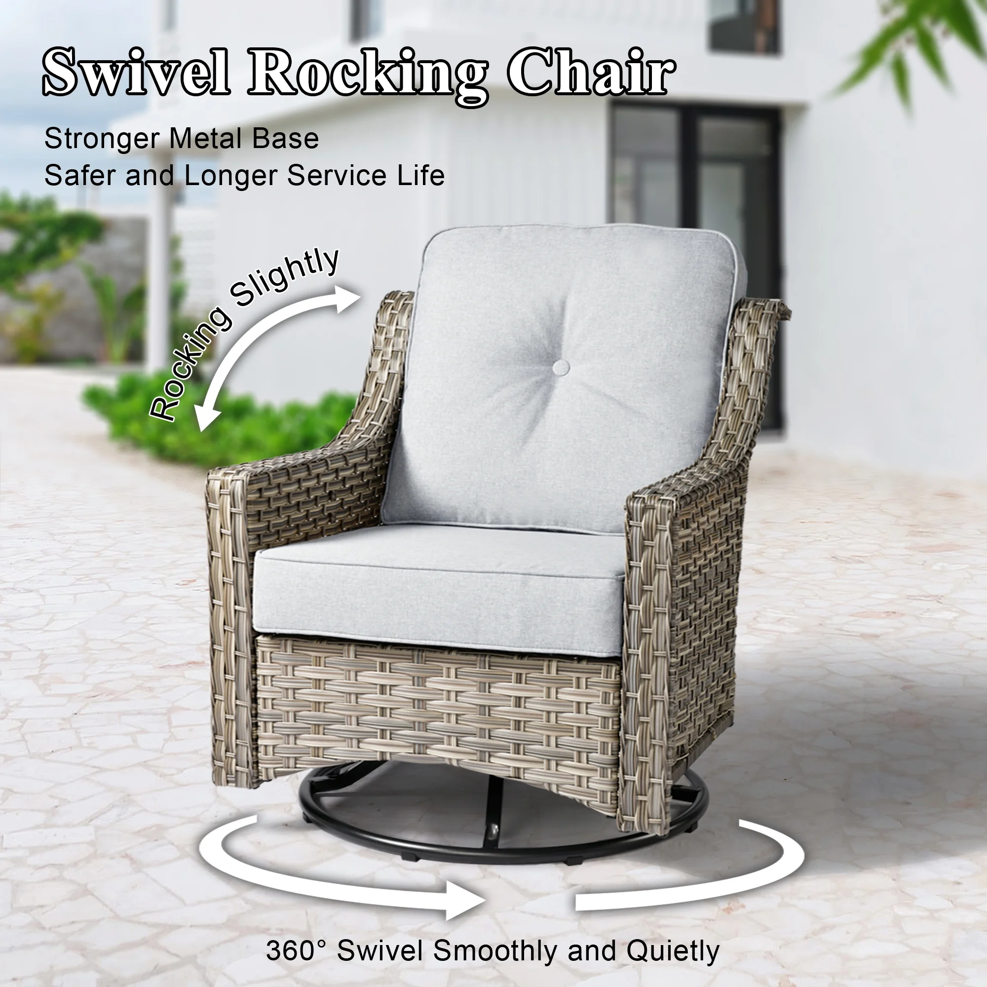 Vcatnet 5 Pieces Outdoor Patio Furniture All Weather Wicker High-Back Conversation Set with Rocking Swivel Chairs and Solar Lamp Coffee Table,Gray