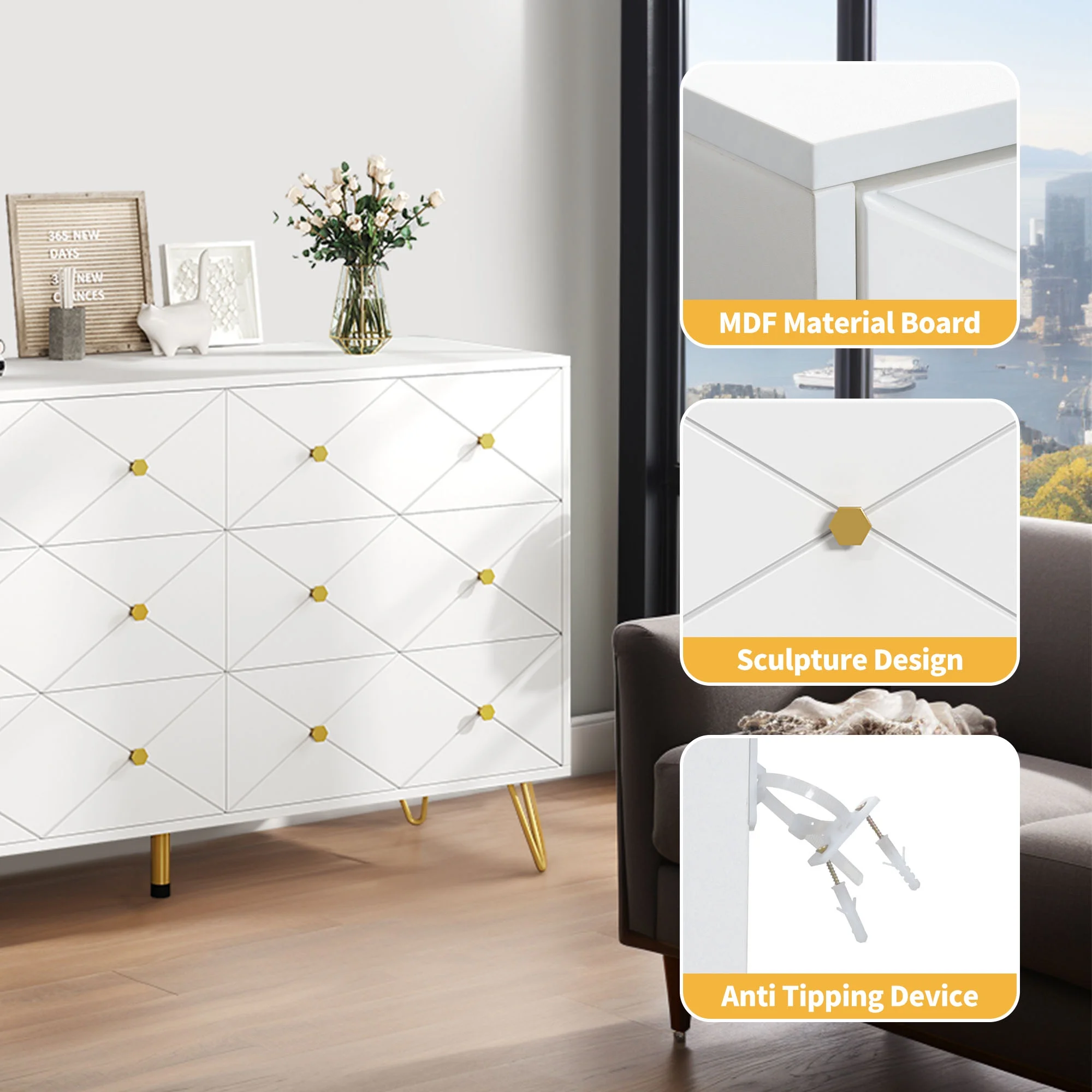 DWVO 6 Drawer White Dresser,47