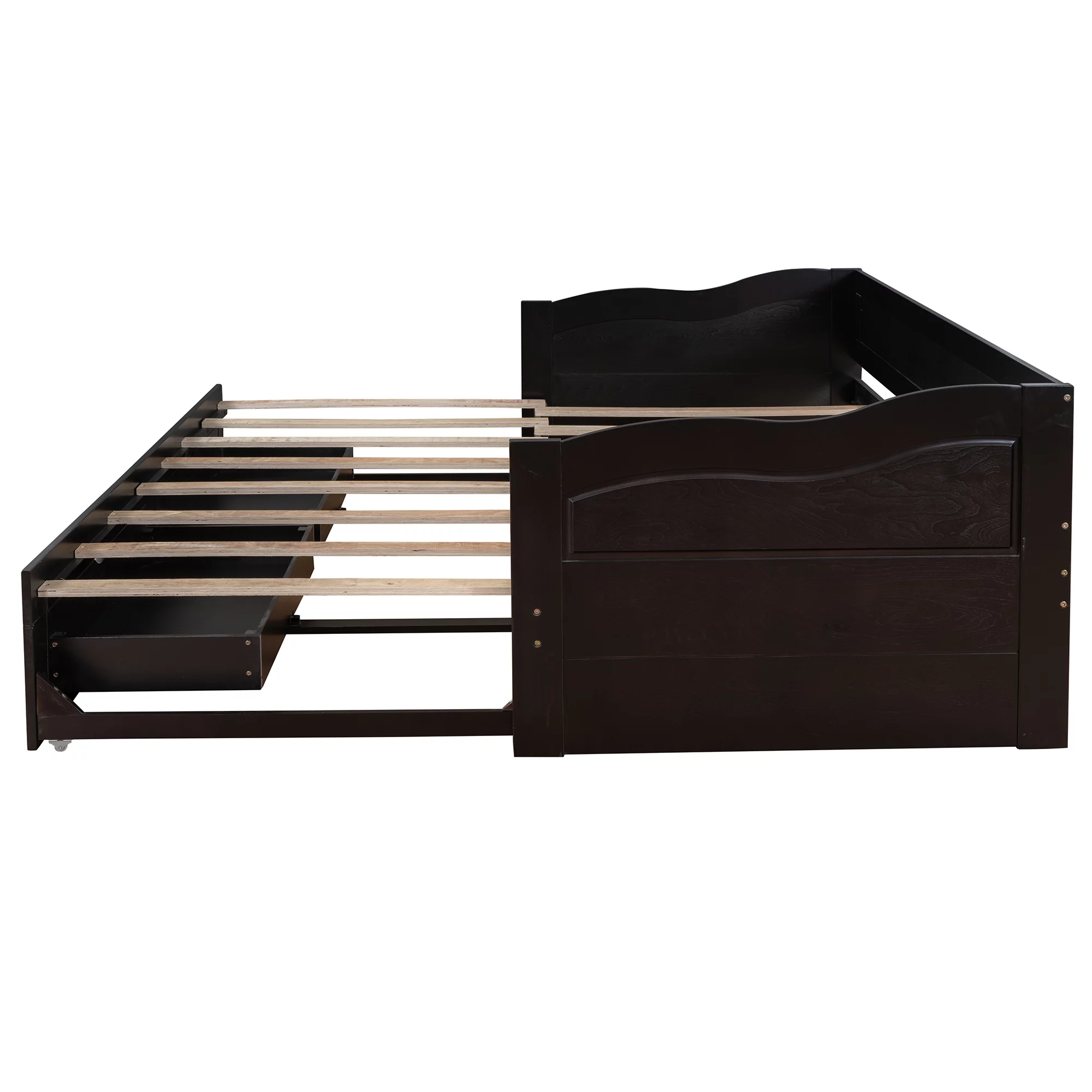 Twin Wooden Daybed Frame with Trundle and Two Storage Drawers, Bedroom Furniture with Trundle, Extendable Bed Platform Beds