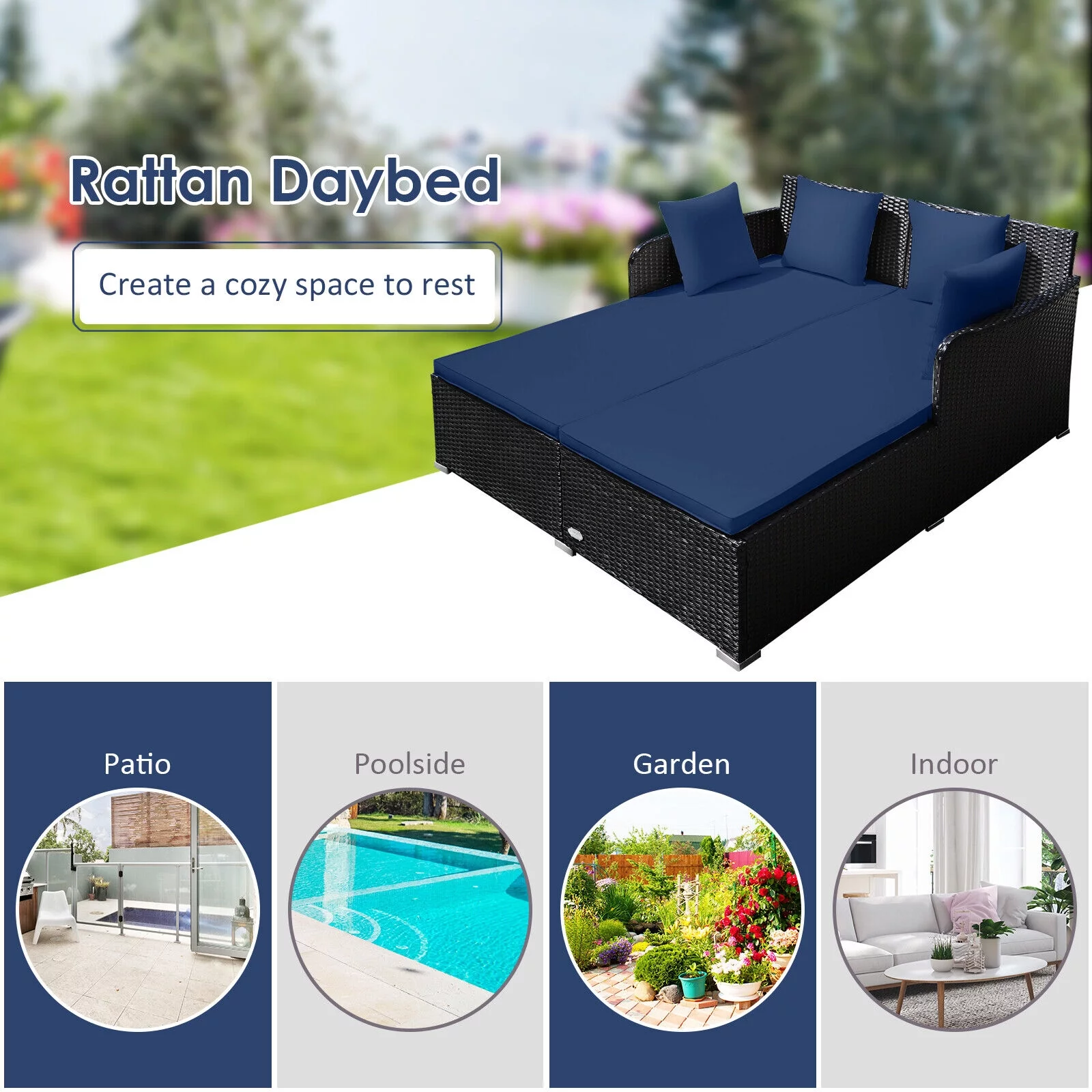 Outdoor Patio Rattan Daybed Cushioned Patio Conversation Set Sofa Furniture, Navy