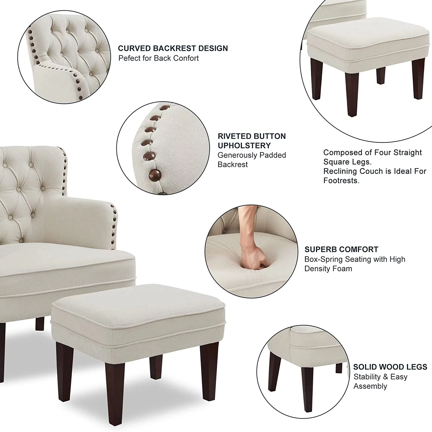 Accent Chair with Ottoman, Button Tufted Armchair for Bedroom Living Room(Beige)