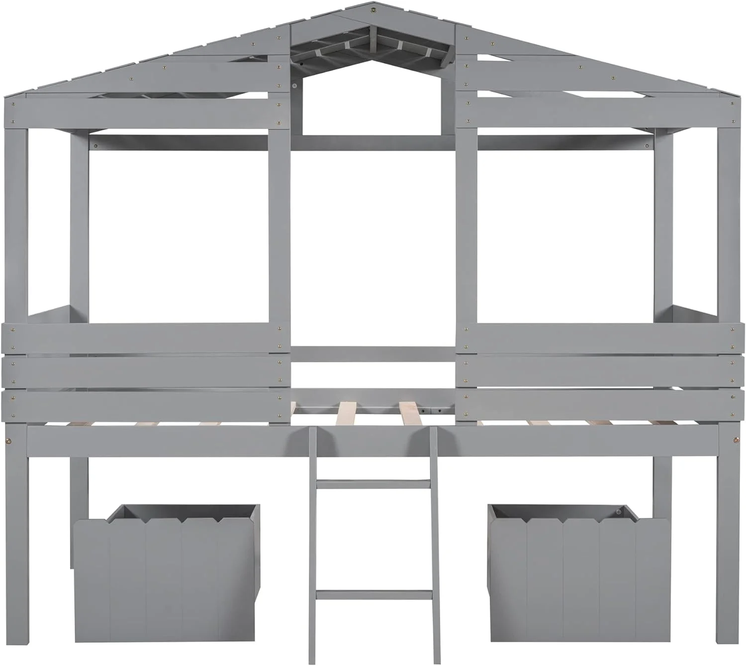 House Loft Bed For Kids,Wood House Loft Bed With Storage Drawers And Ladder, Low Loft Bedframe, Bedroom Furniture For Kids/Boys/Girls (Gray)