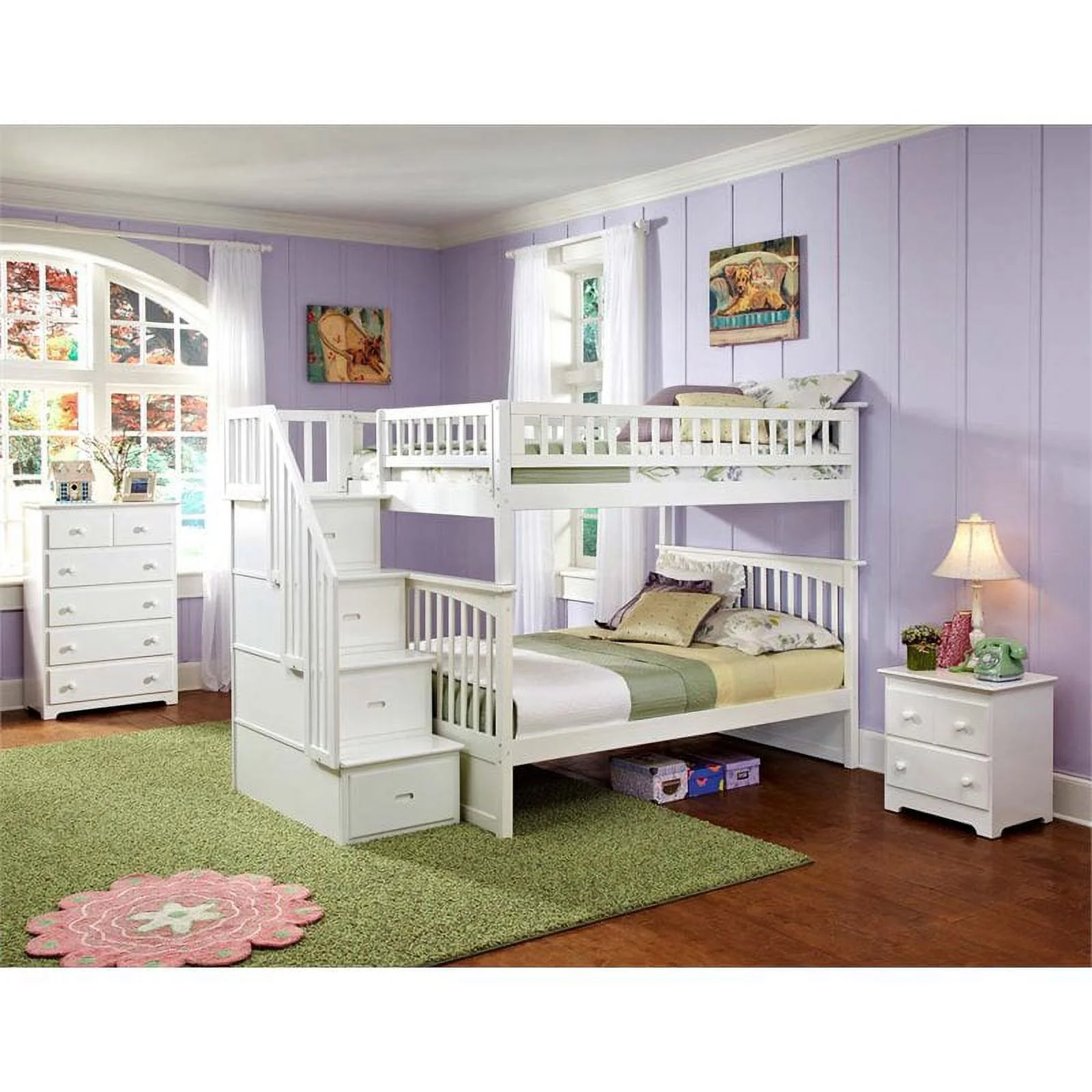 Leo & Lacey Full Over Full Staircase Bunk Bed in White