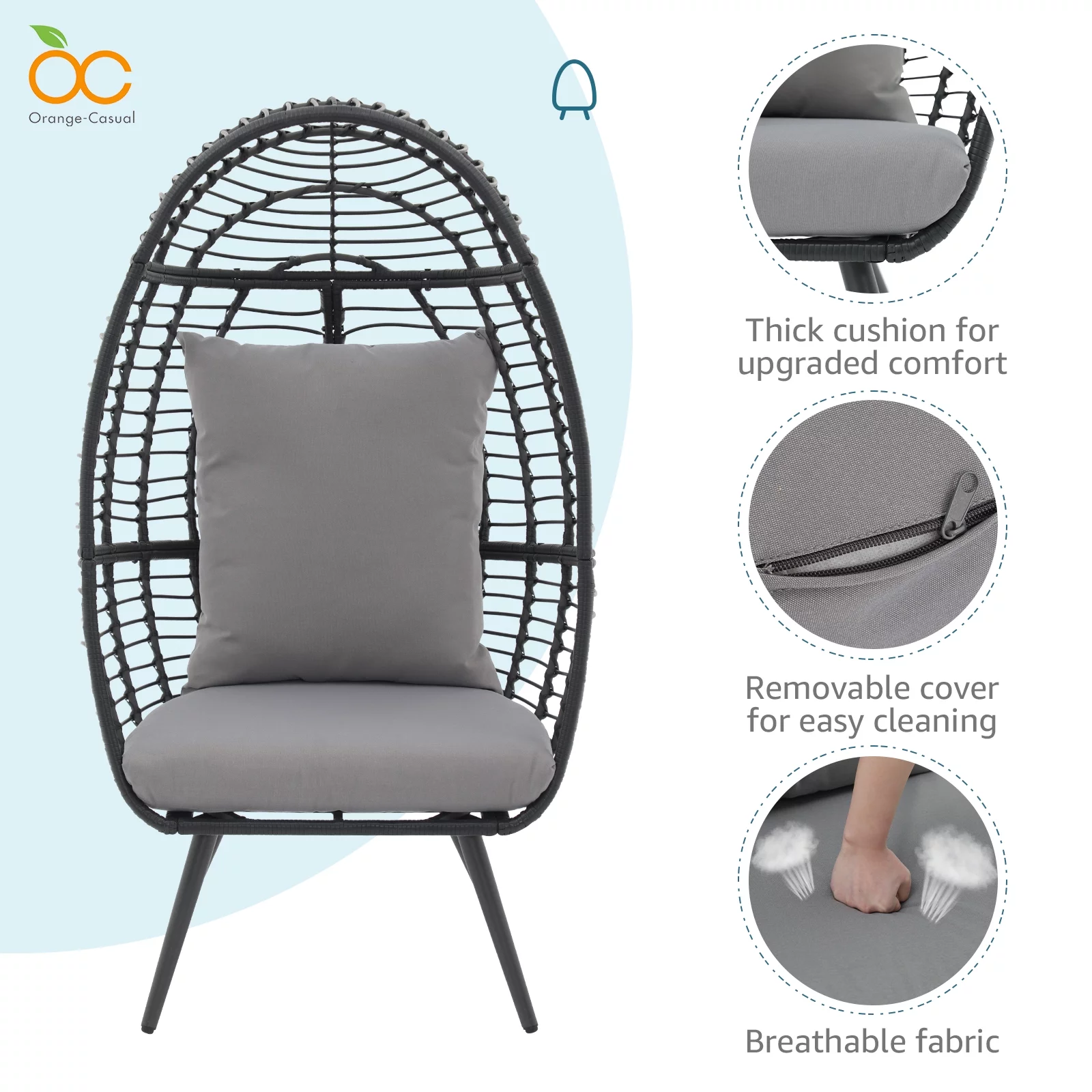 OC Orange-Casual Wicker Egg Chair, Rattan Lounge Chair, for Outside w/Legs Cushion, Outdoor Indoor, for Front Porch, Patio, Living Room, Bedroom, Backyard, Grey Cushion