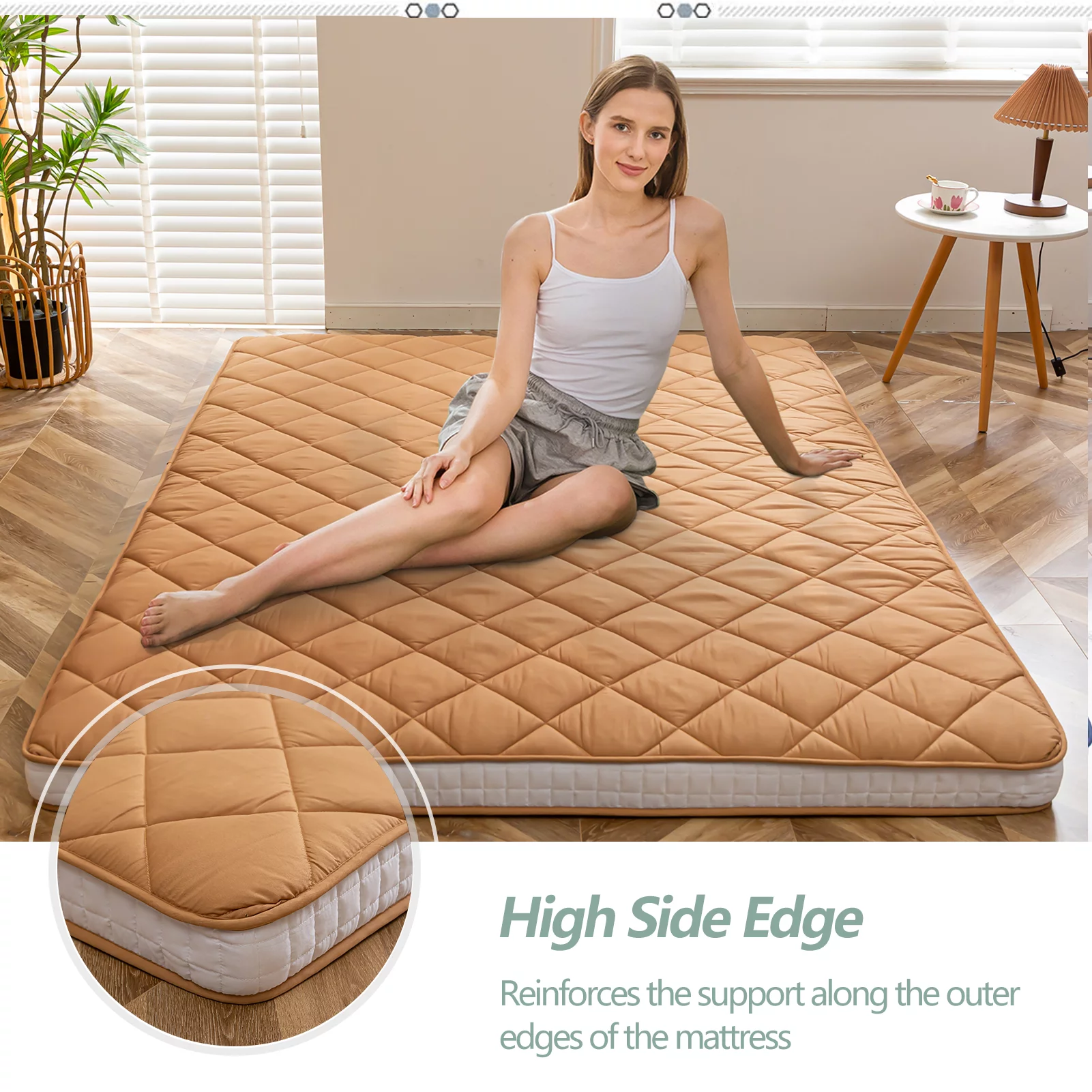 Diamond Patterned Futon Mattress, Extra Thick Japanese Floor Mattress Quilted Mattress Topper, Folding Floor Lounger Guest Bed Padded Sleeping Pad for Touring Car Camping