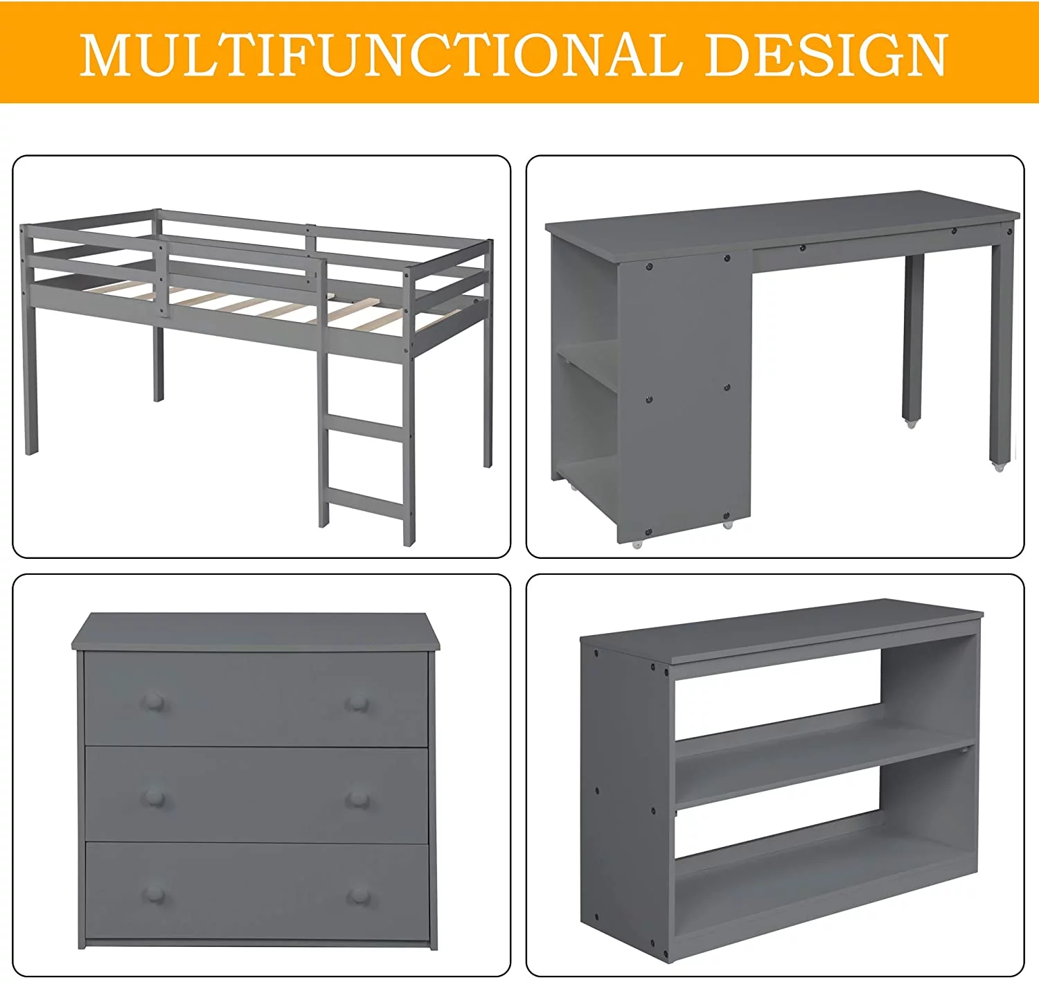 CHURANTY Solid Wood Twin Low Loft Bed with Desk and Storage Drawers Cabinet Rolling Portable Desk