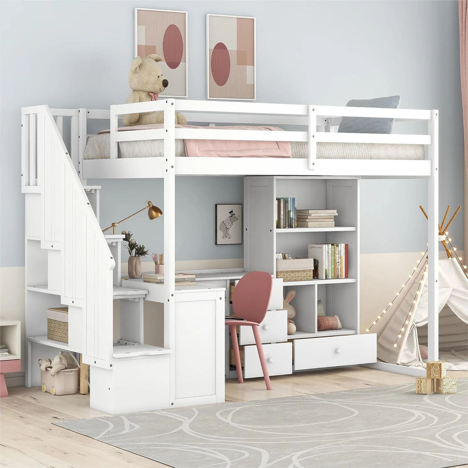 Size Loft Bed With Stairs Ad L-Shaped Desk, Wood Loft Bed With Storage Drawers Ad Cabiet, Loft Bed With Guardrails For Kids Girls Boys, White