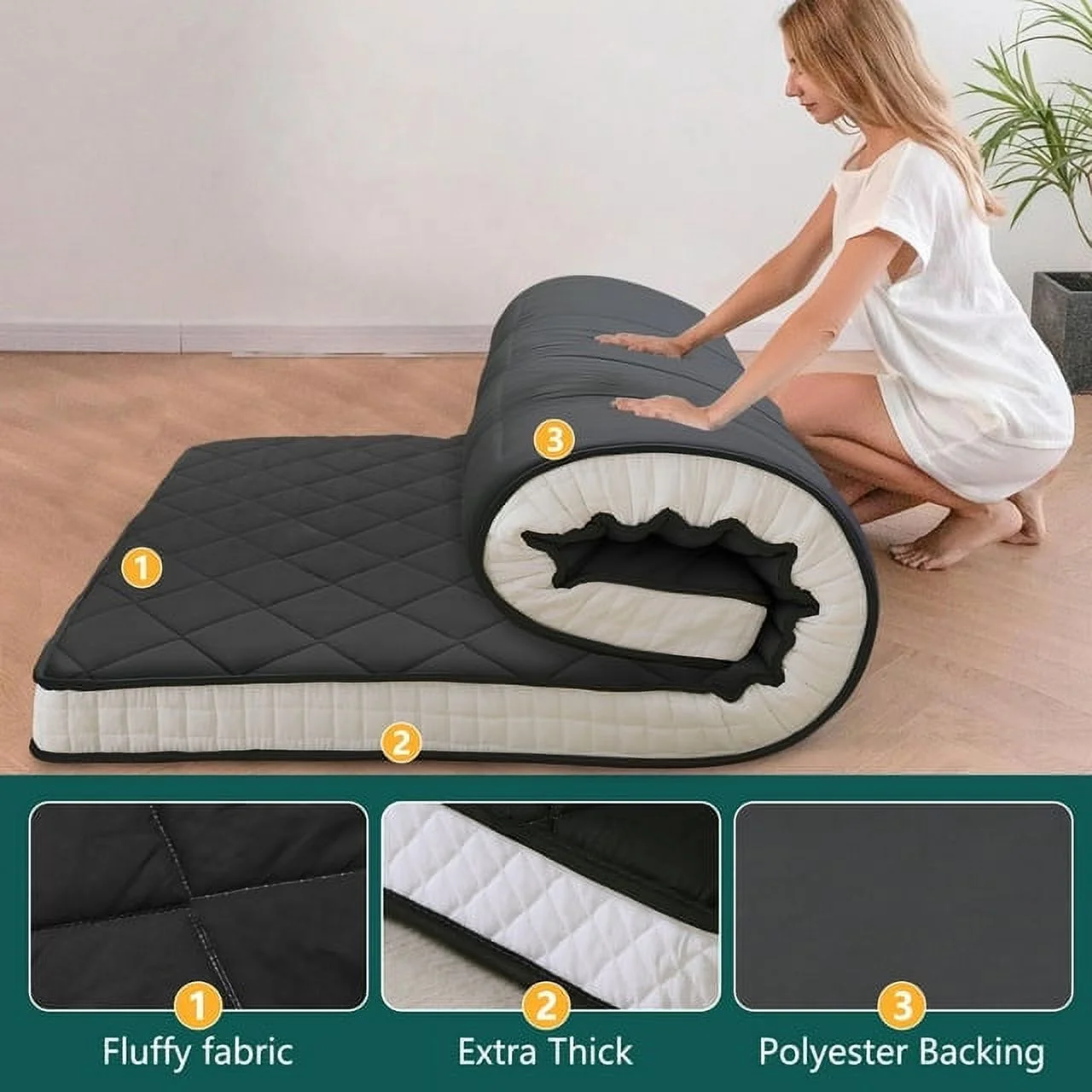 ABORON Diamond Patterned Mattress,4 Inch Extra Thick Sleeping Bed For Floor,Roll Up Mmemory Foam Mattress , Folding Floor Lounger Guest Bed Pad