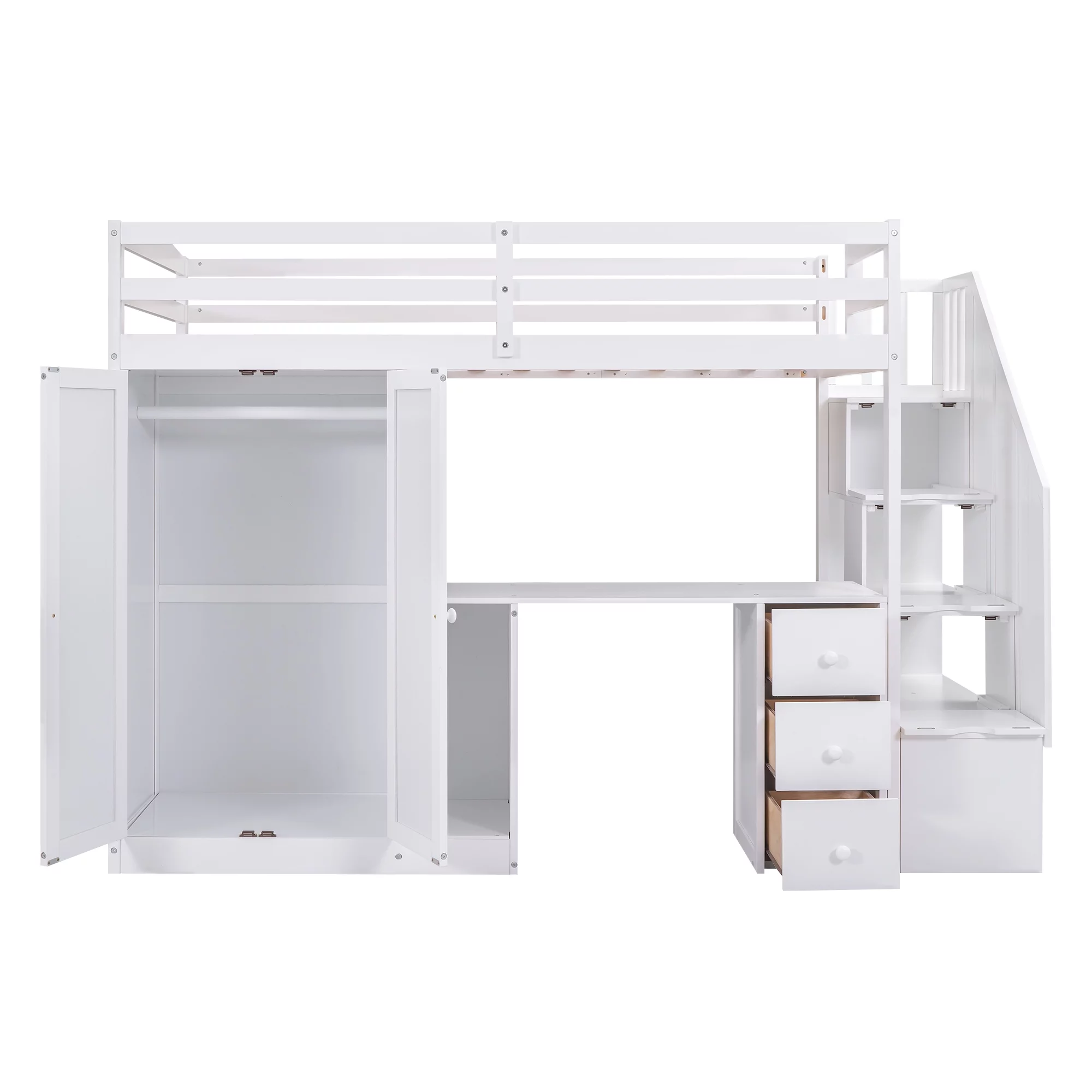 Euroco Twin Size Pine Wood Loft Bed with Desk, Drawers and Wardrobe for Kids Room, Storage Staircase, Sapce-Saving Shelf, White