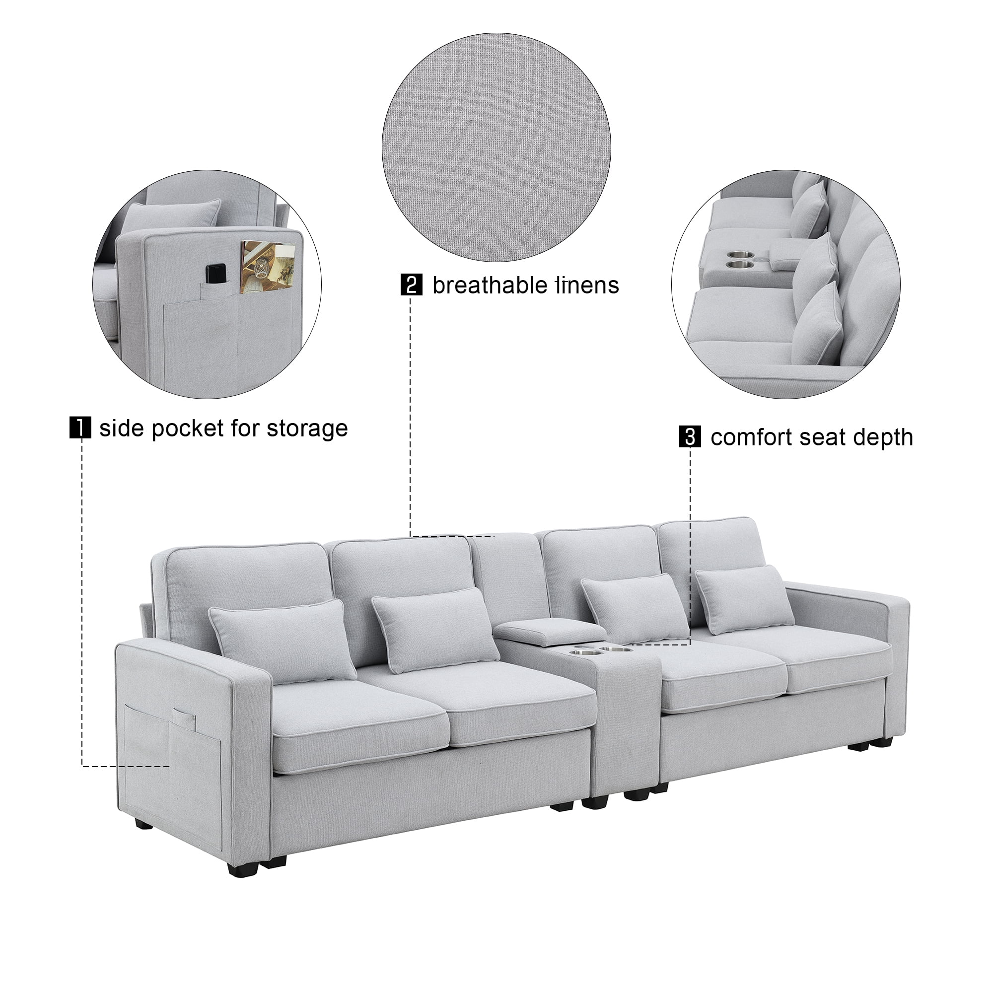 Modern 4 Seater Large Sofa with Console, Linen Fabric Upholstered Couch with USB Charging Ports Cup Holders for Living Room Office