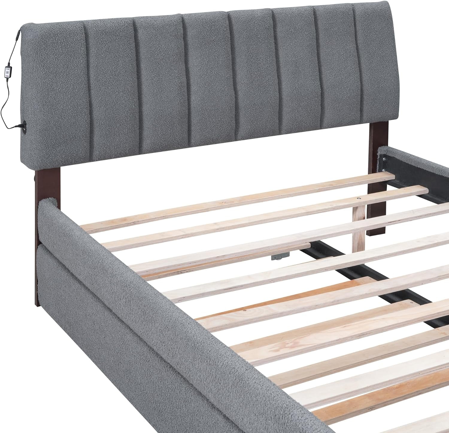 Teddy Fleece Full Size Upholstered Platform Bed with Trundle, Wood Bed Frame with Upholstered Headboard, LED Bed Frame for Bedroom, No Box Spring Needed, Easy Assembly