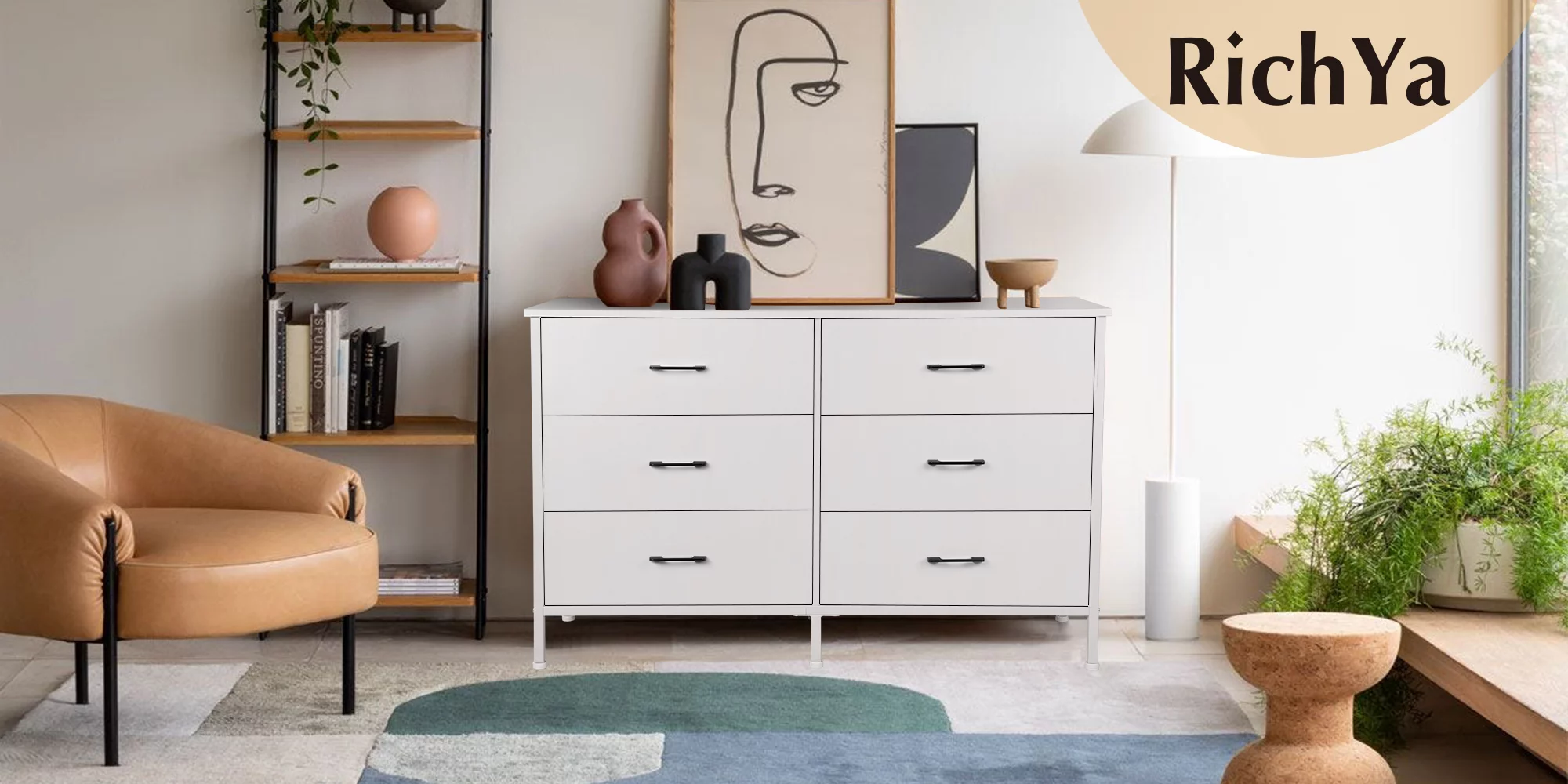 47.3'' Drawer Dresser Chest of 6 Drawers, Storage Dresser Tower for Bedroom, Living Room, Hallway, Nursery, White Storage Cabinet Wooden Dresser with Steel Frame, White