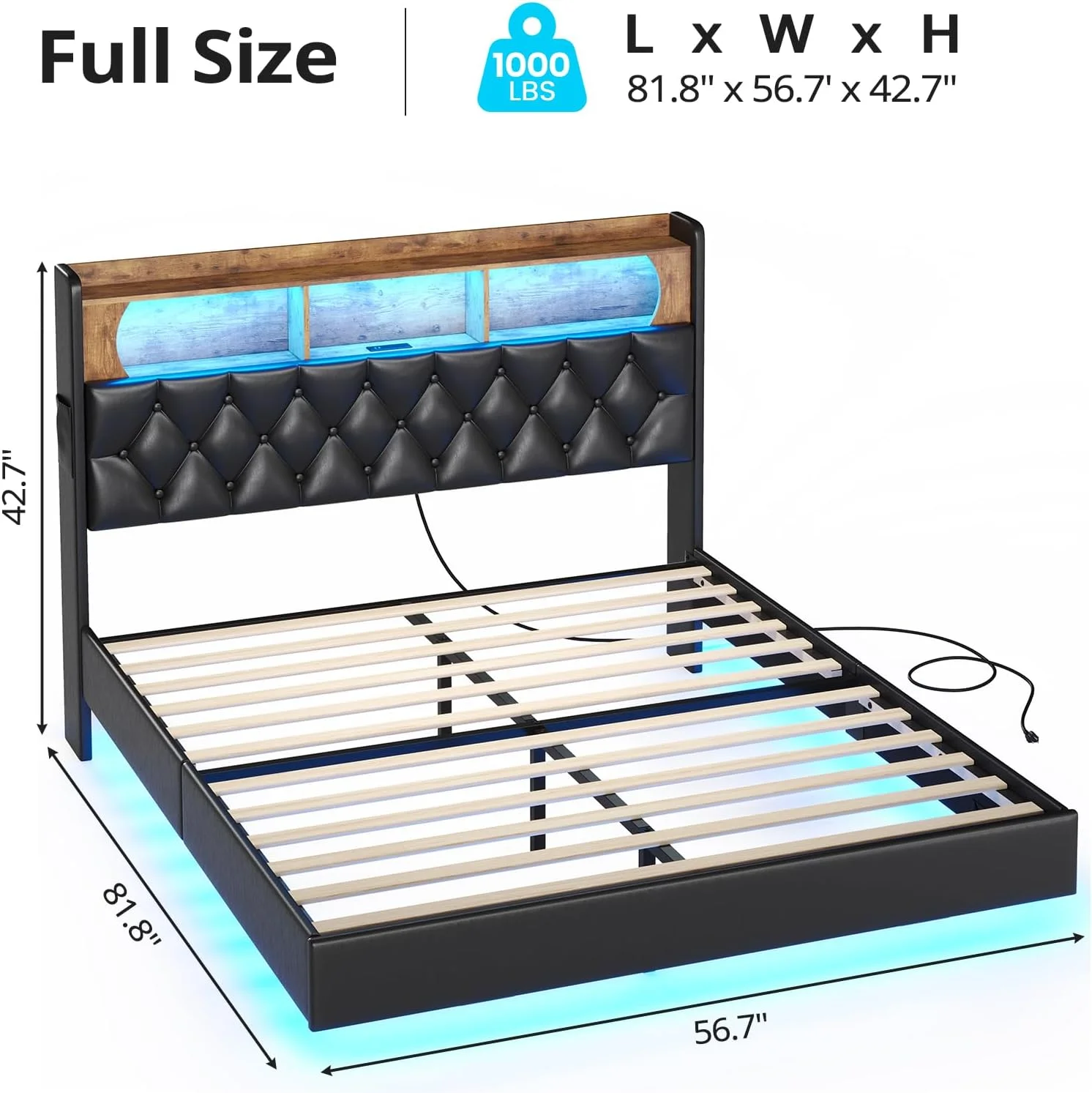 Full Size Floating Bed Frame with LED Light&Charging Station, Upholstered Platform Bed with Storage Headboard, Noise-Free, Black