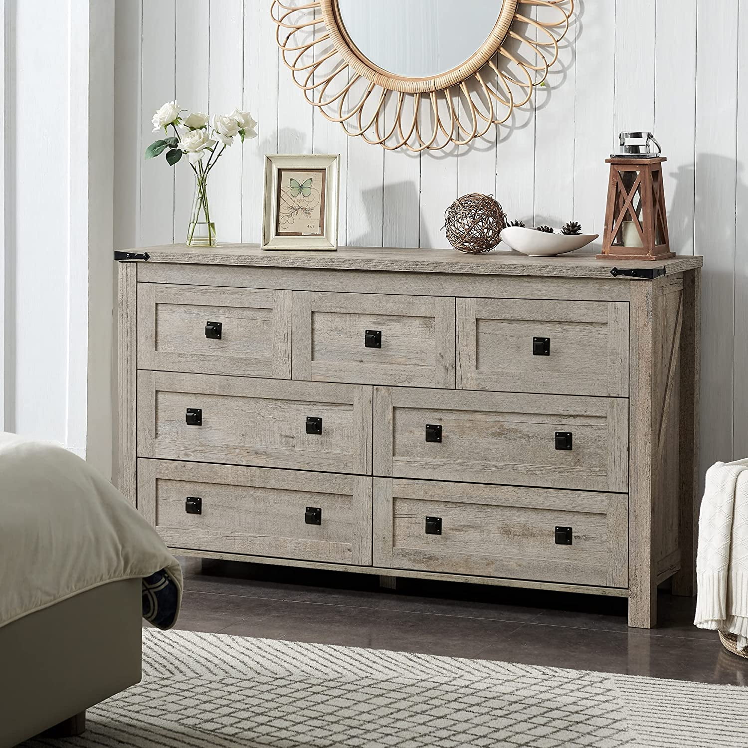 Popular Farmhouse 6 Drawers Dresser Chests for Bedroom  Wood Rustic Wide Chset of Drawers Storage Dressers Organizer for Bedroom  Living Room Hallway  Dark Rustic Oak