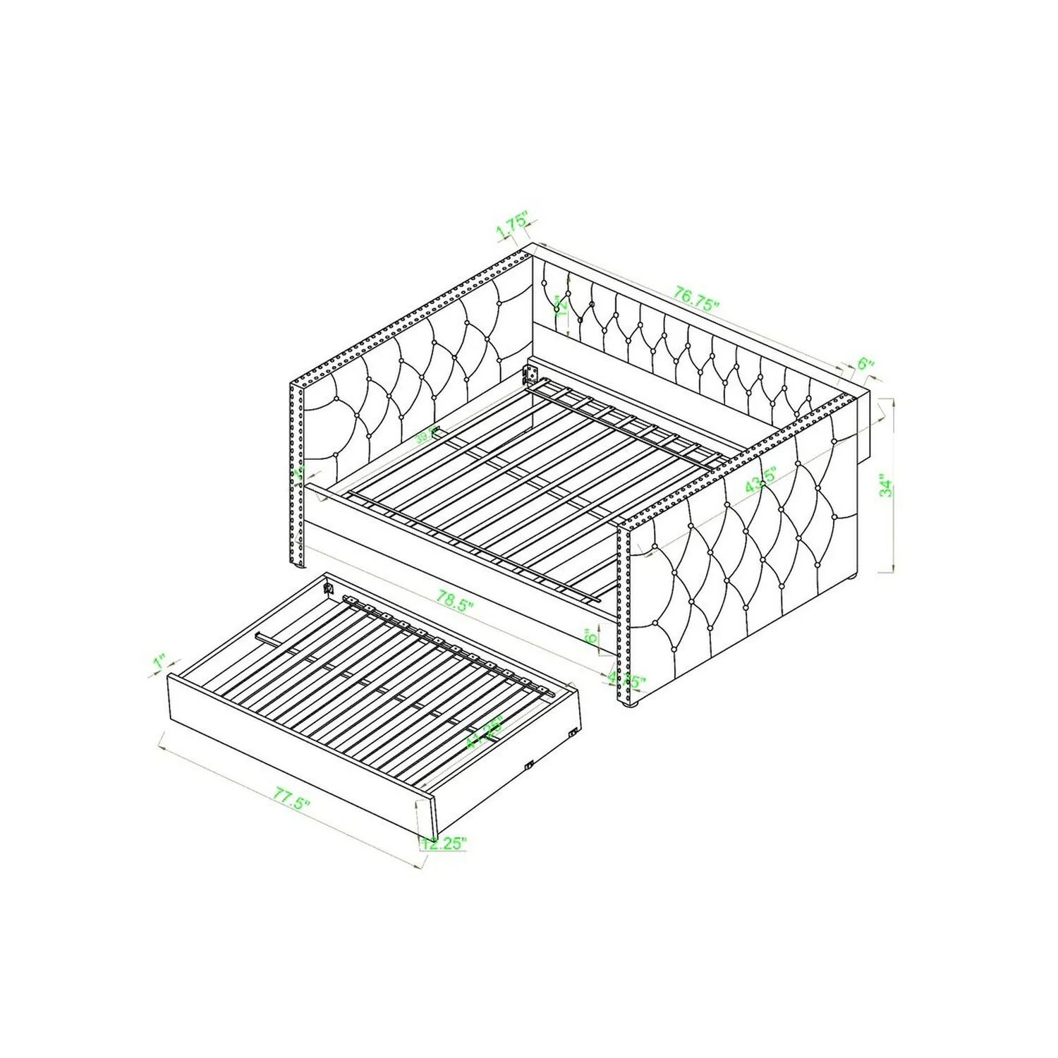 Benjara Trace Trundle Daybed, Black Fabric Upholstery, Chesterfield, Nailhead Trim