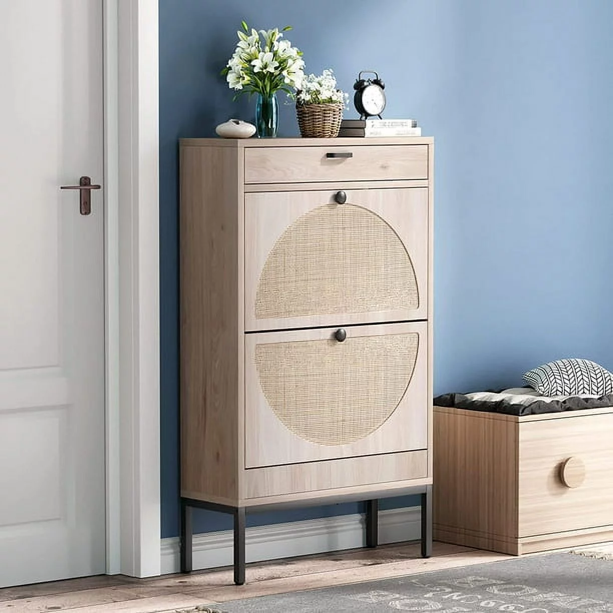 Brafab Shoe Storage Cabinet with 2 Flip Drawers and Open Shelf Natural Rattan Slim Shoe Organizer Rack Wooden Tipping Shoe Dresser Narrow Entrance Shoes Console with Metal Legs for Entryway, Hallway