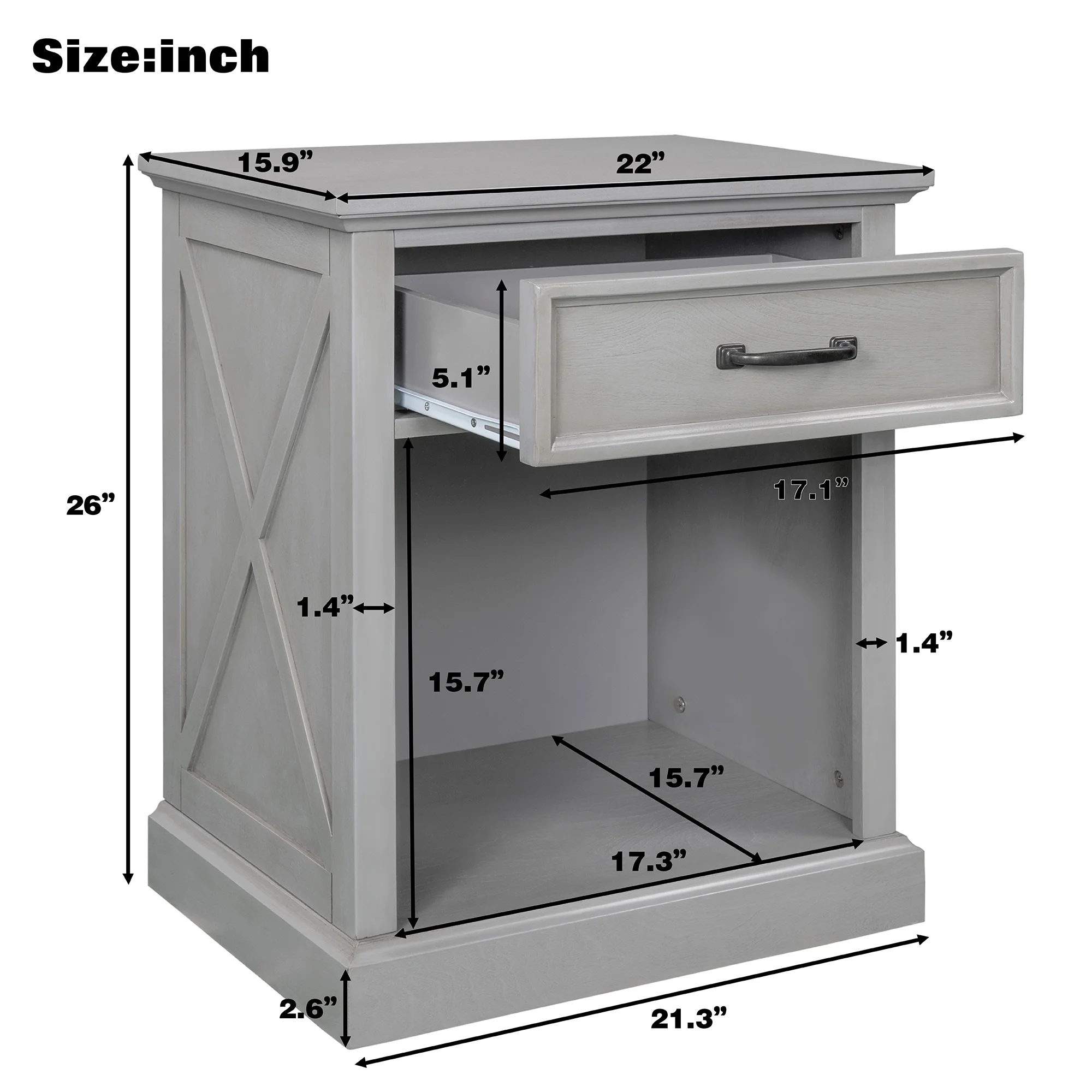 LANTRO JS Old Paint Style Modern Wooden Nightstand with Drawers Storage for Living Room, Bedroom, Gray