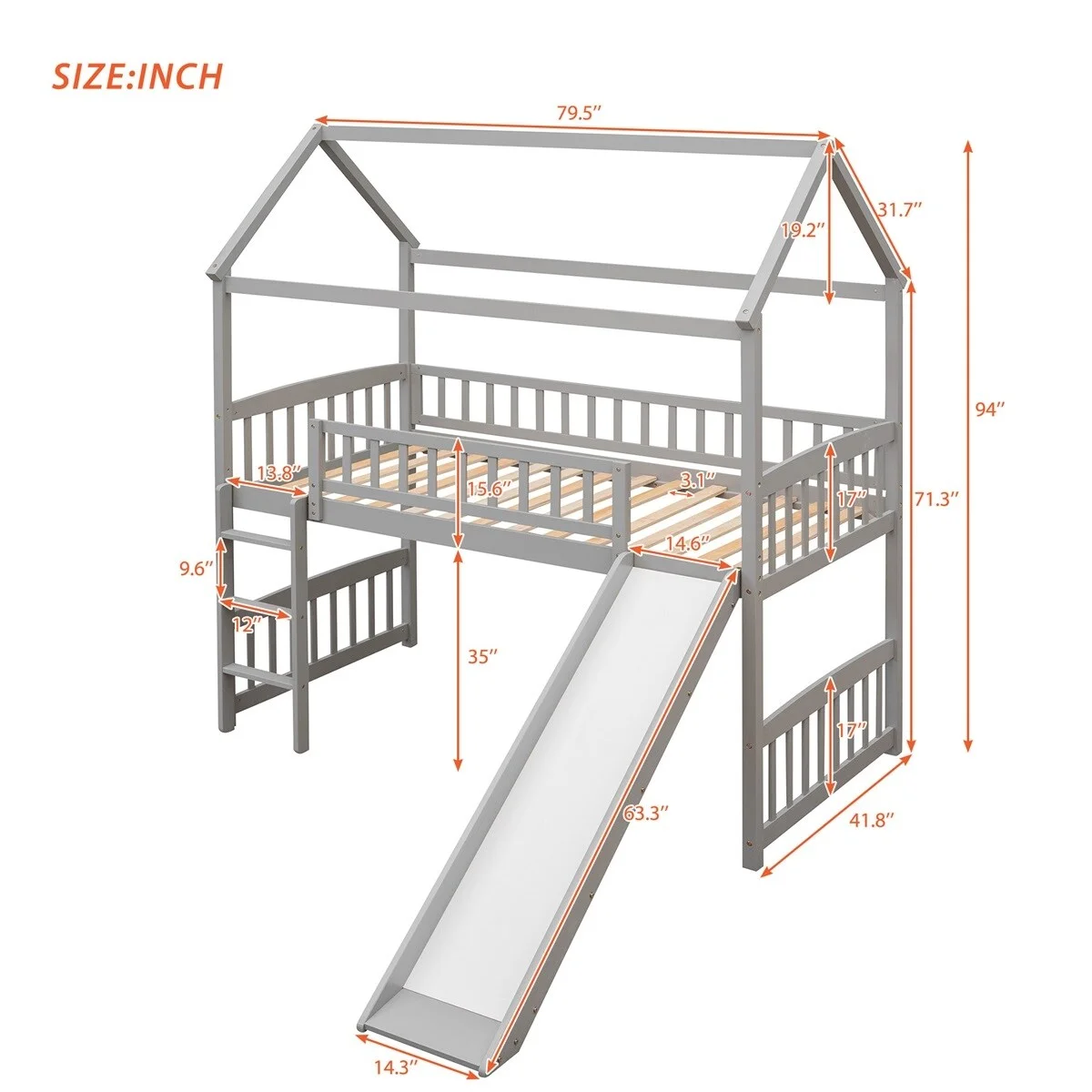 MERAX  Twin House Bed Loft Bed with Slide Grey