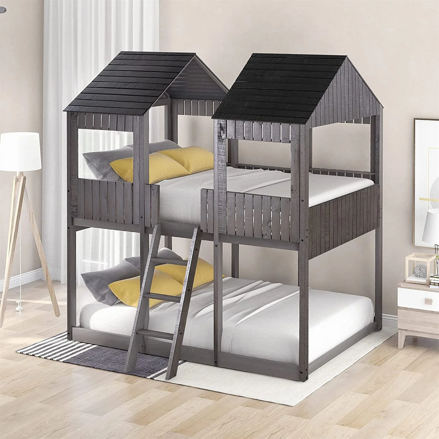 House Bed For Kids,Full Over Full House Bunk Bed With Roof, Window, Wood Full Size House Bed For Toddler, Teens, Girls, Boys,No Box Spring Needed,Antique Gray