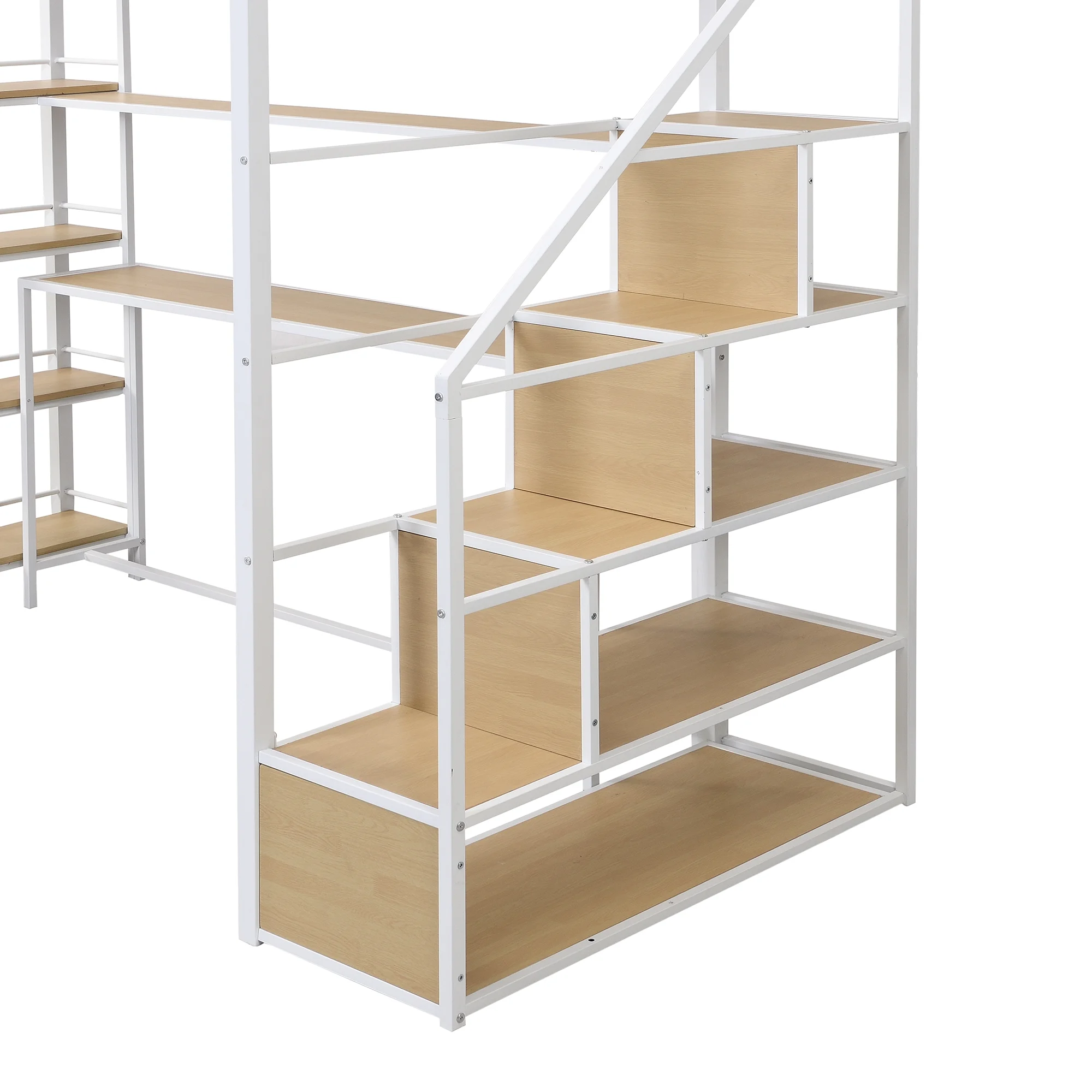 Bellemave Twin Size Metal Loft bed with Stairs and Desk, Heavy-Duty Steel Loft Bed Frame Built-in Storage Shelves, Loft Bed Twin for Kids Teens Adults,White