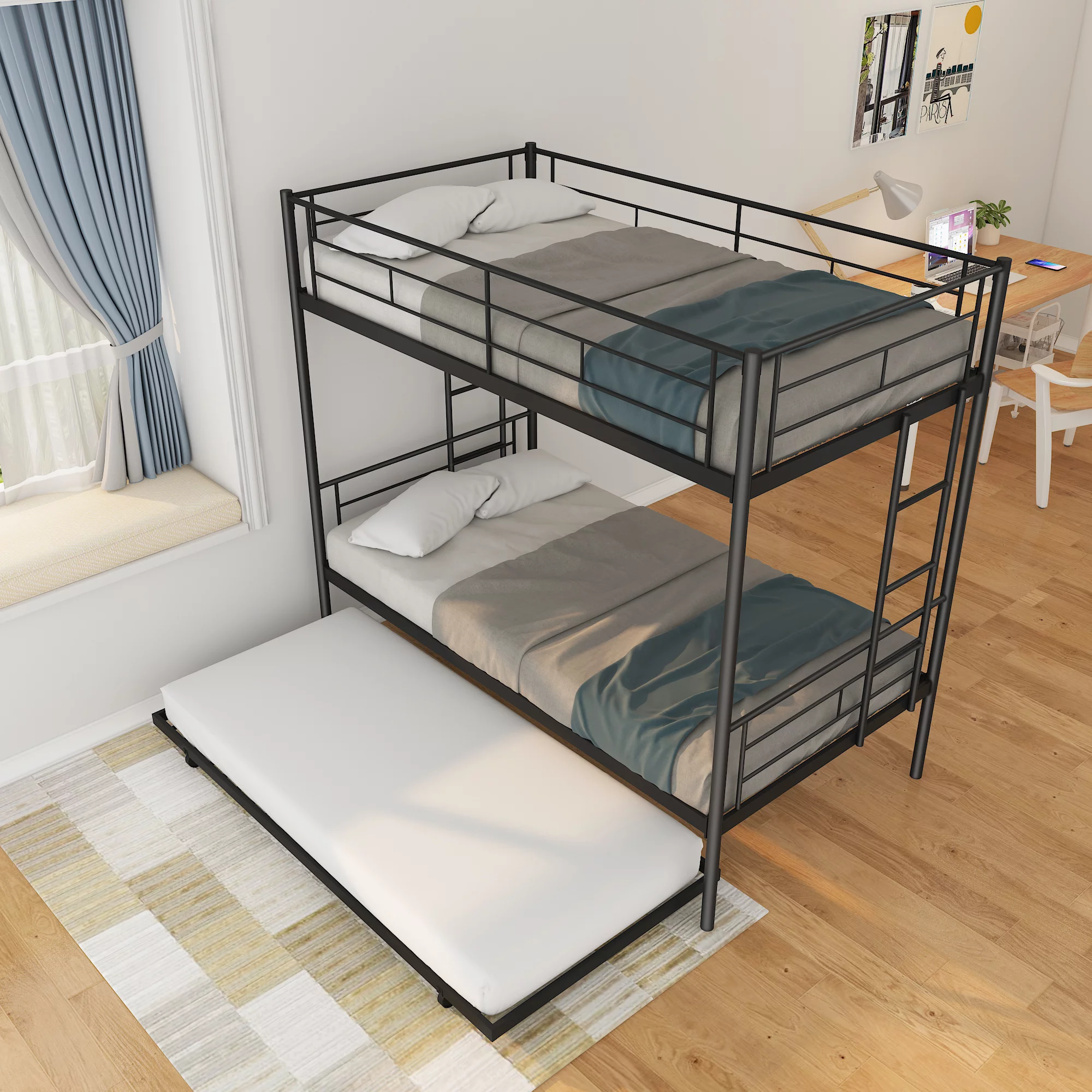 Heavy Duty Metal Bunk Bed Frame with Trundle - Twin Over Twin, Convertible - 3 beds